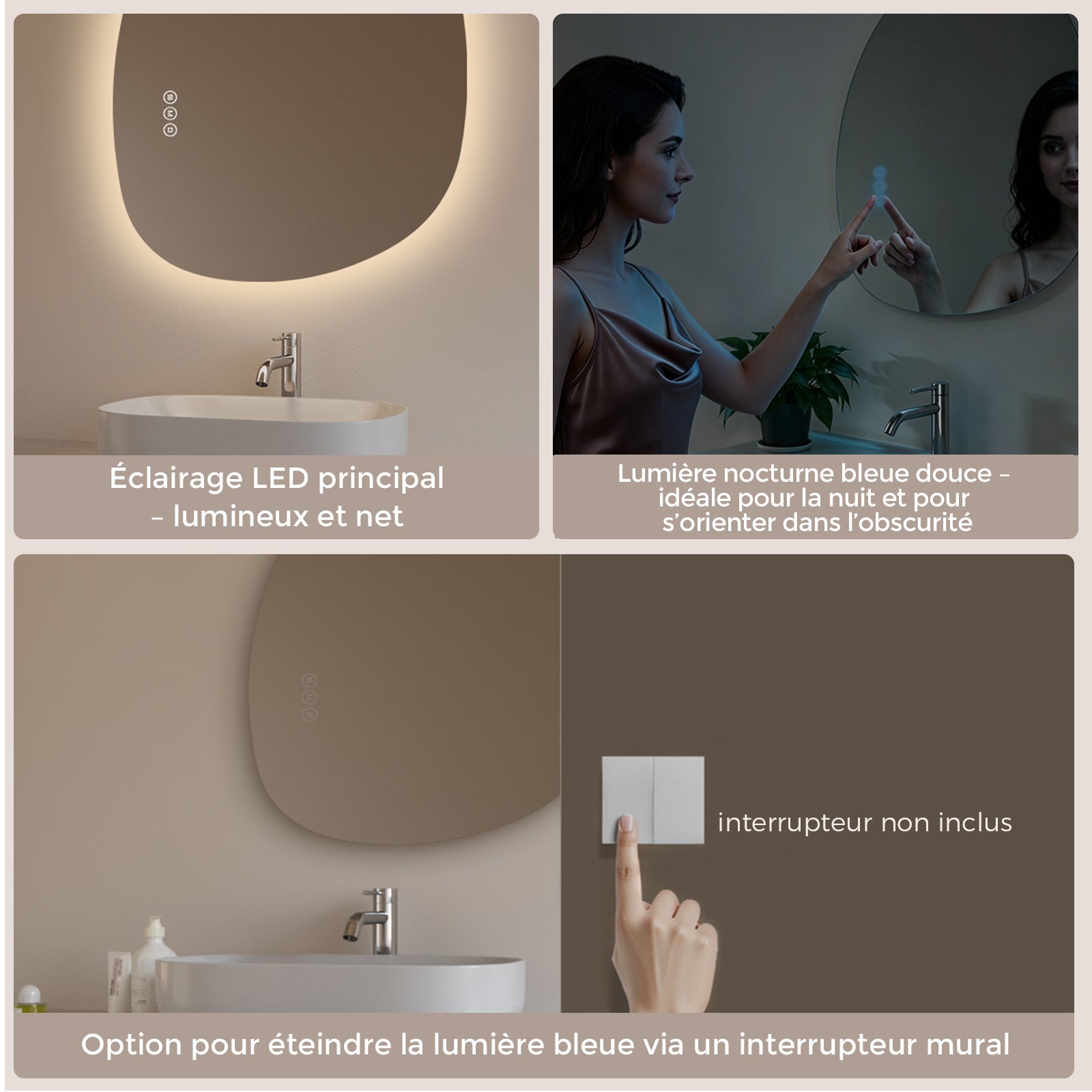 S'AFIELINA Miroir lumineux 60 × 45 cm Asymétrique 3 couleurs de lumière et luminosité ajustable - 6