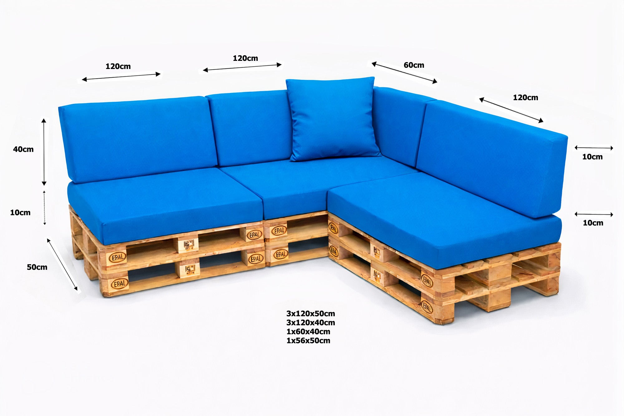 Zestaw 8 poduszek na palety ogrodowe 120×50×10 cm – siedzisko i oparcie 120×40×10 cm, poduszki na meble ogrdowe, niebieskie