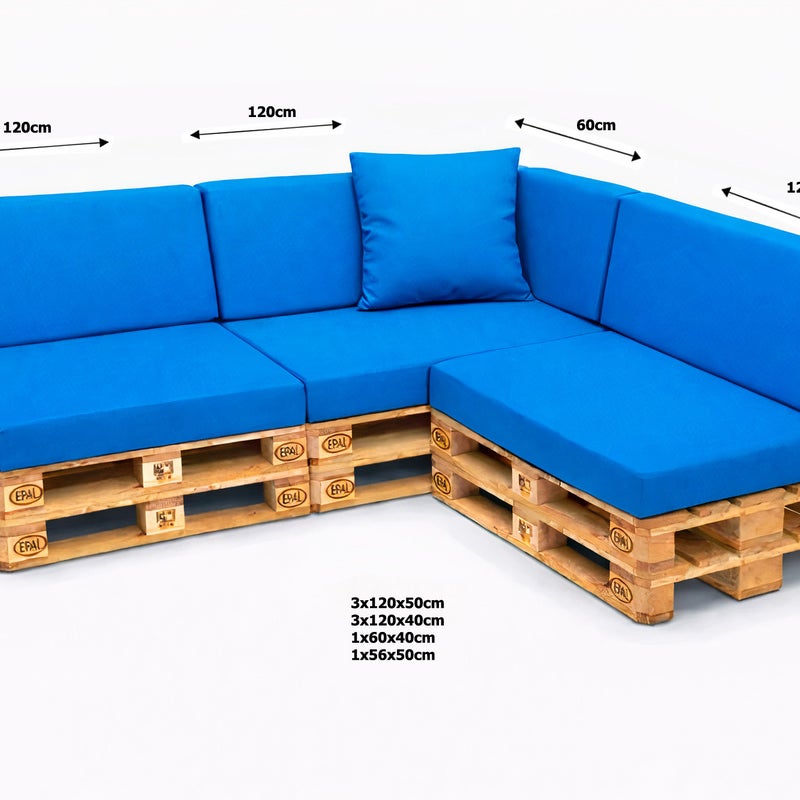 Zestaw 8 poduszek na palety ogrodowe 120×50×10 cm – siedzisko i oparcie 120×40×10 cm, poduszki na meble ogrdowe, niebieskie