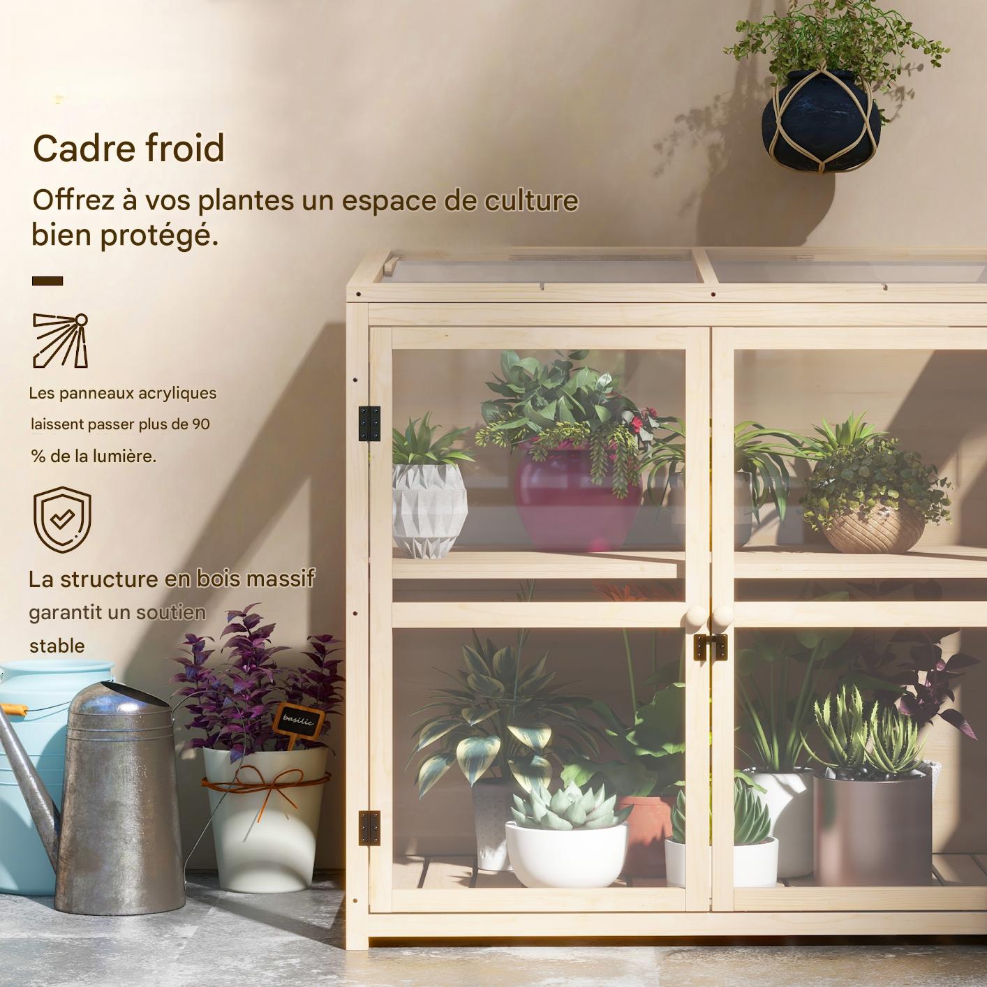 Serre de jardin bois 2 niveaux 103x61x103 cm, double porte, toit ouvrant, ventilation, charge 60 kg, naturel – ComfortXL Outdoor Living - 4