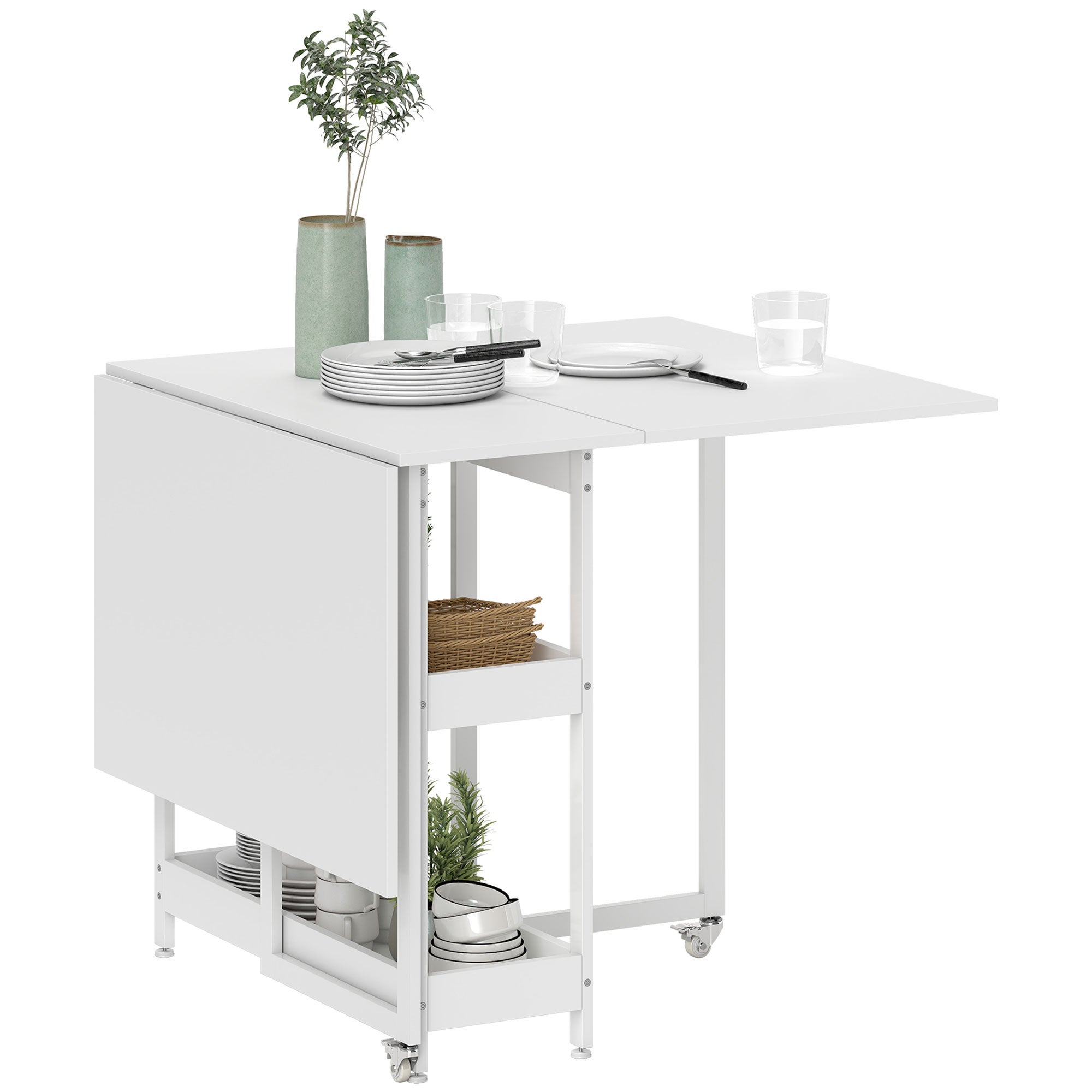 Mesa de comedor plegable de estilo industrial, con capacidad para hasta 4 personas, estantes abiertos, modular, de metal y aglomerado, color blanco.