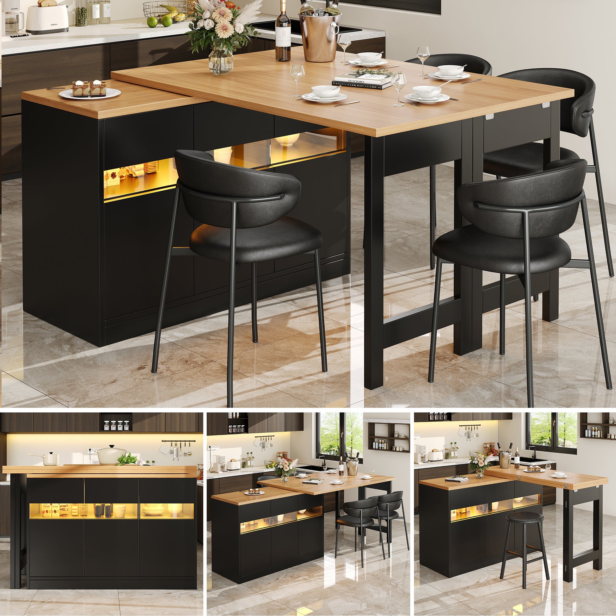 Table a Manger Extensible avec LED et rotation à 360°,Table de bar extensible avec espace de rangement, îlot de cuisine Noir Nature - 5