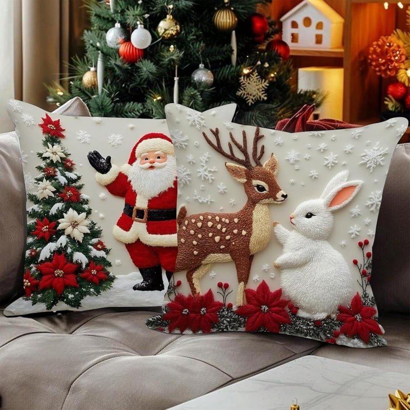 Fețe de pernă de Crăciun 45x45 cm, set de 2, modele florale cu iepuri, căprioare, Moș Crăciun, in lavabil, pentru canapea, pat, dormitor 2buc