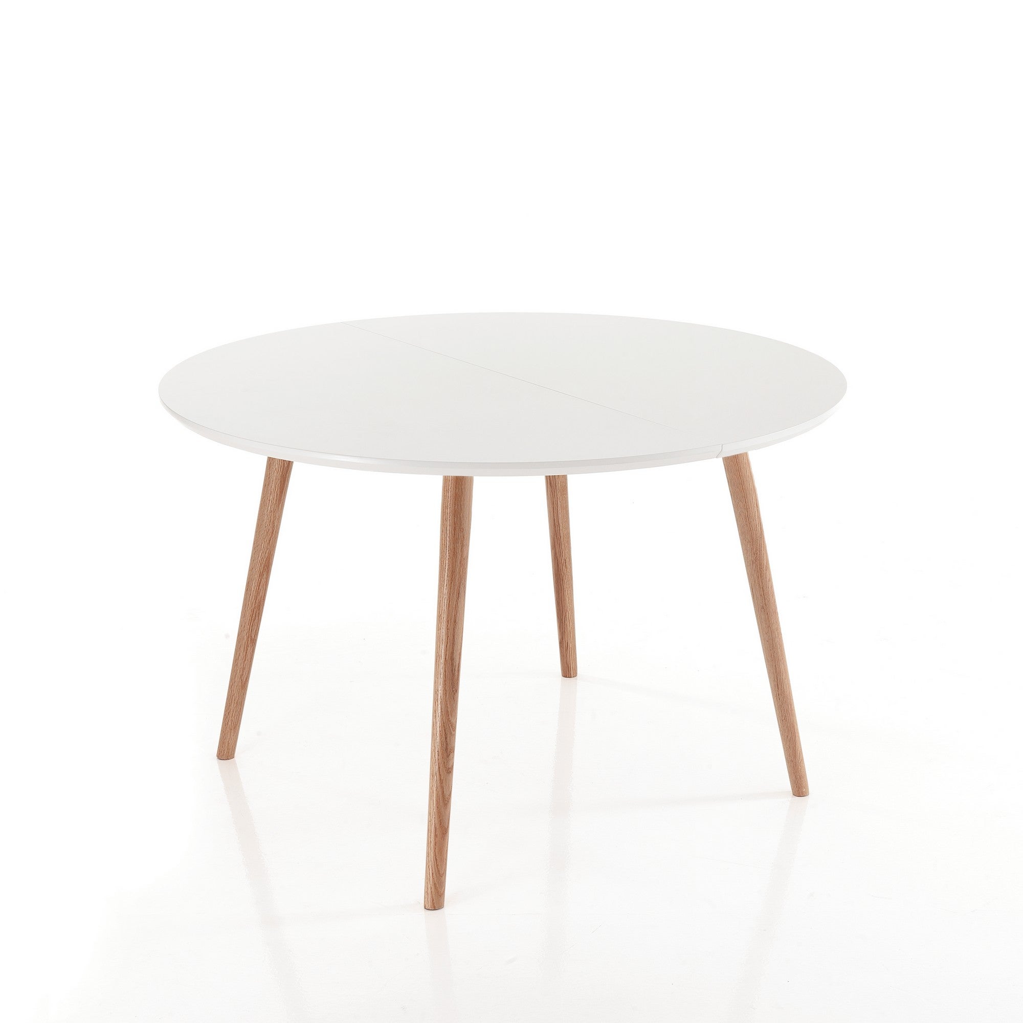 Stół rozkładany okrągły EGO WOOD - blat z białej płyty MDF, nogi metalowe dębowe, Ø120/220 cm, stół jadalny