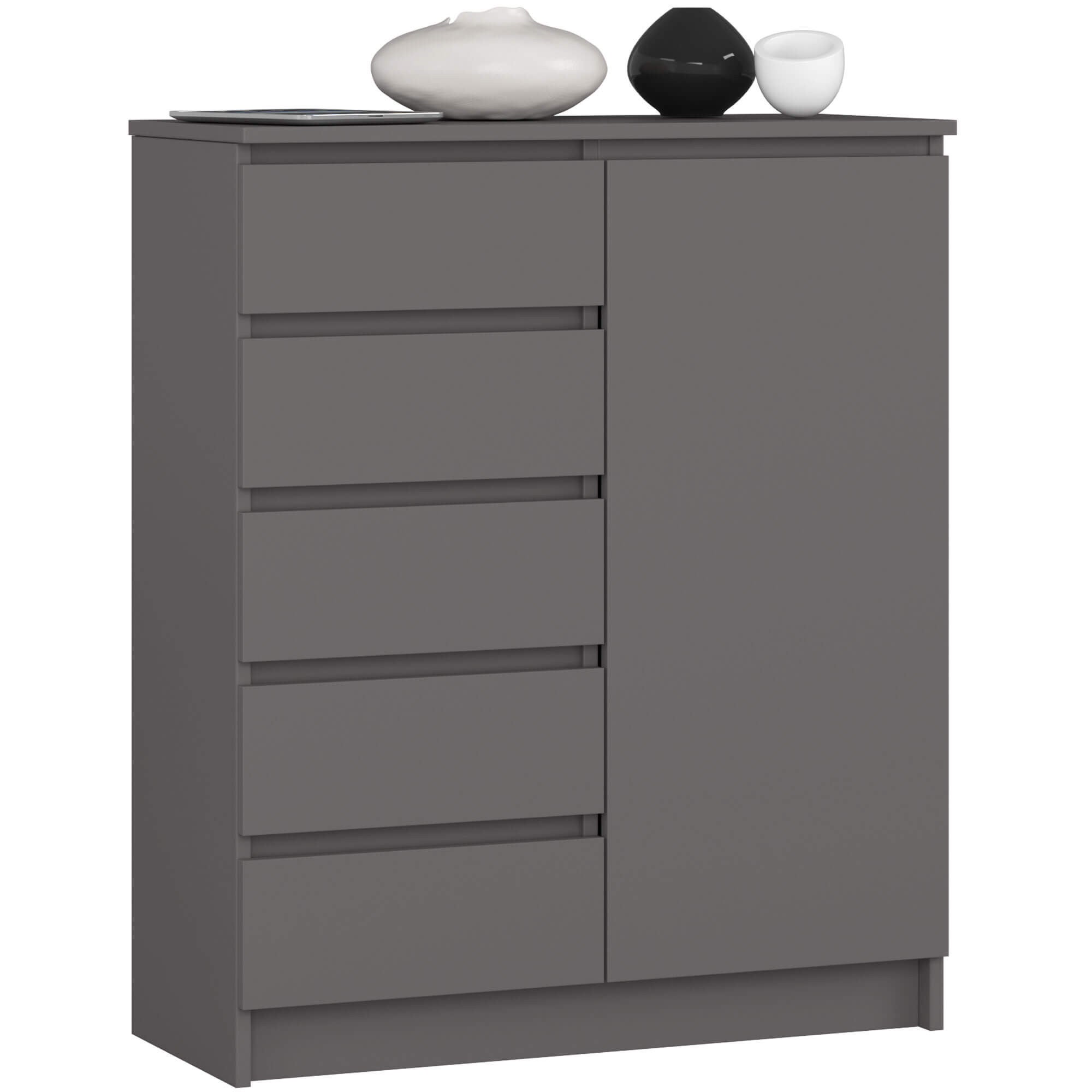 Komoda AKORD K80 Grafit Szary 80 cm 1 drzwi 5 szuflad kolor Grafit Szary mat 3 półki 80x35x97 cm
