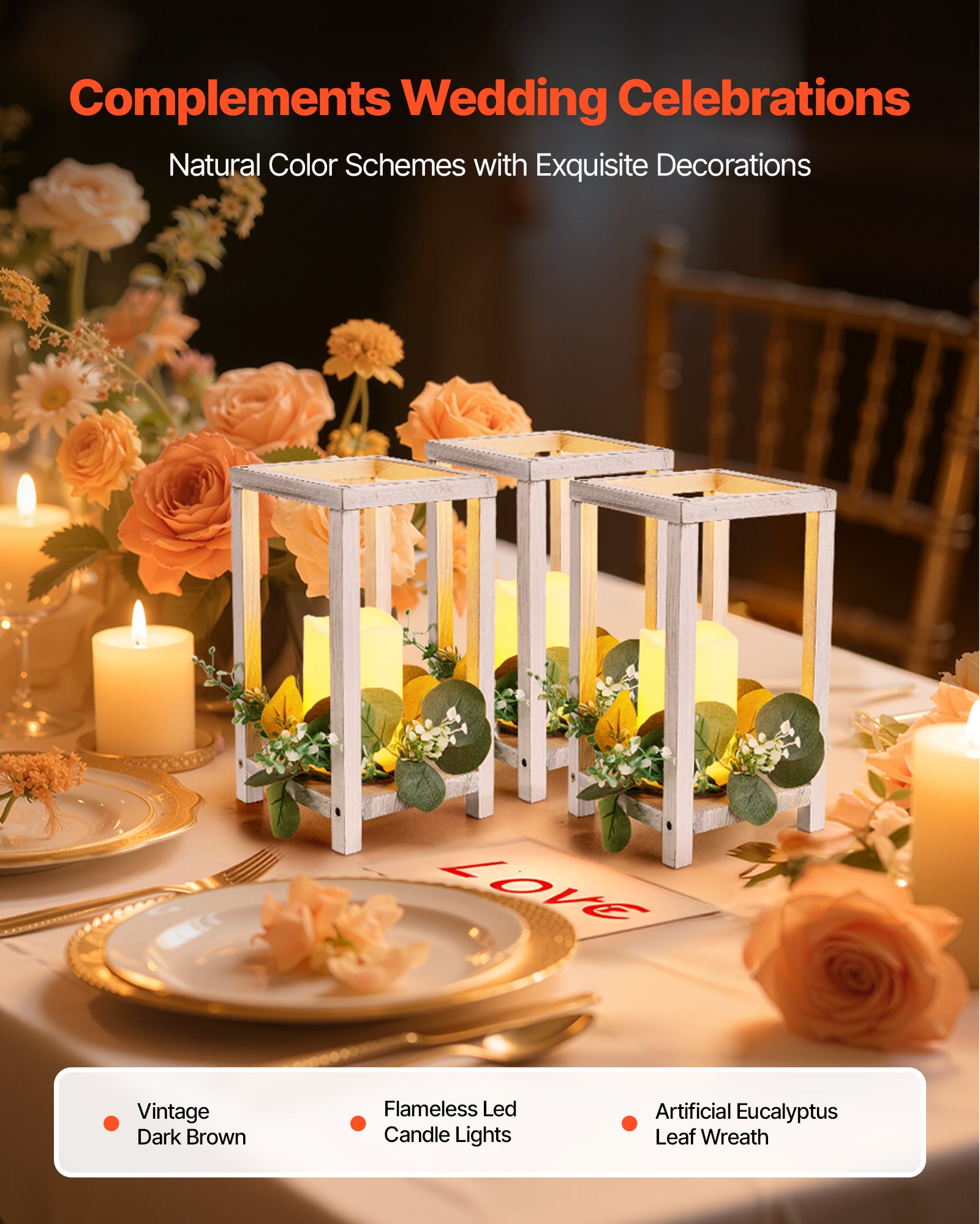 Sabary Set da 45 lanterne in legno per matrimoni, include 15 portacandele, 15 candele a LED, 15 ghirlande di foglie di eucalipto per decorazione rustica da tavolo di nozze, decorazione rustica da