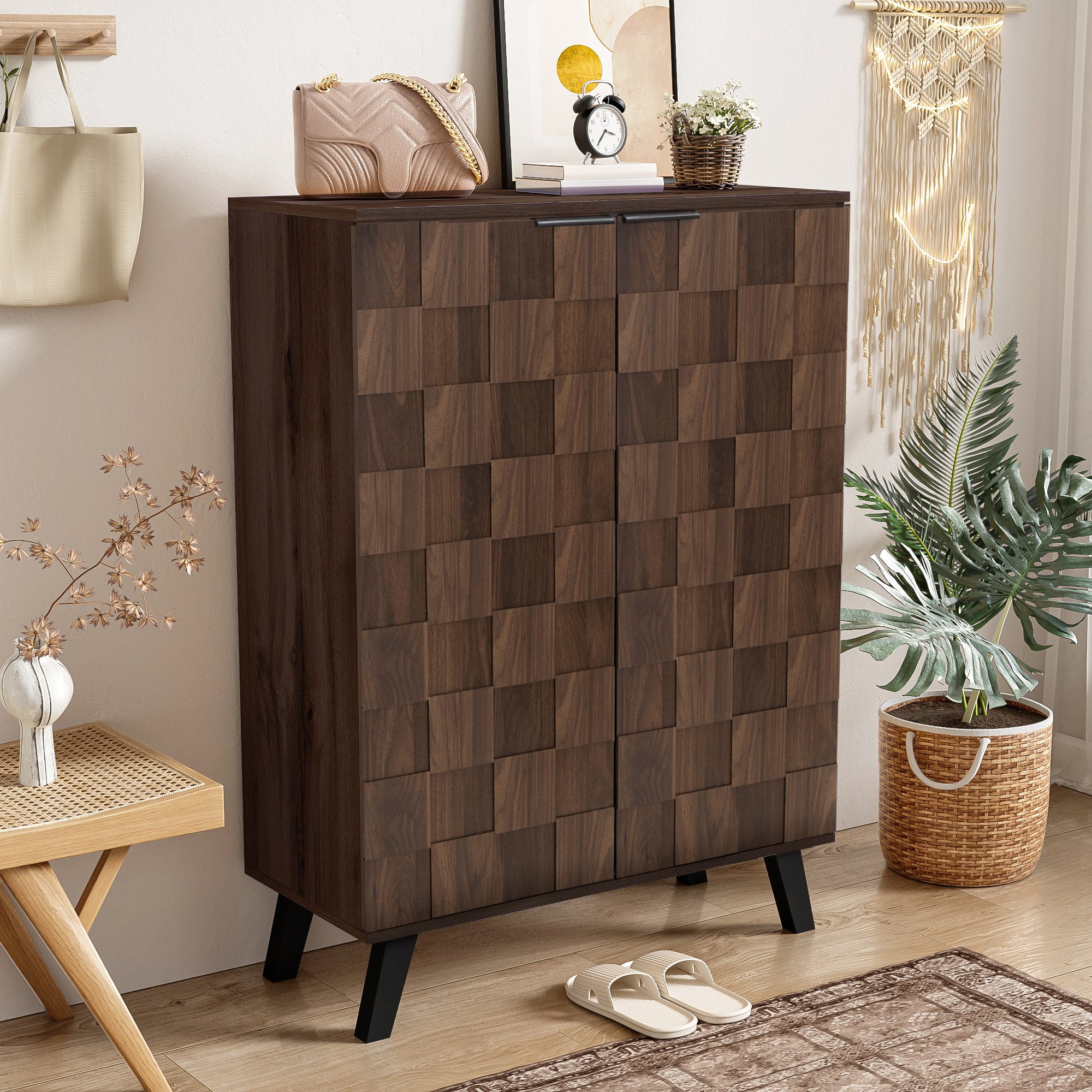 Nowoczesna szafka na buty z 2 drzwiami i 5 regulowanymi półkami - 80 x 35,5 x 110 cm - Płyta wiórowa - Kolor ciemnego drewna - 8
