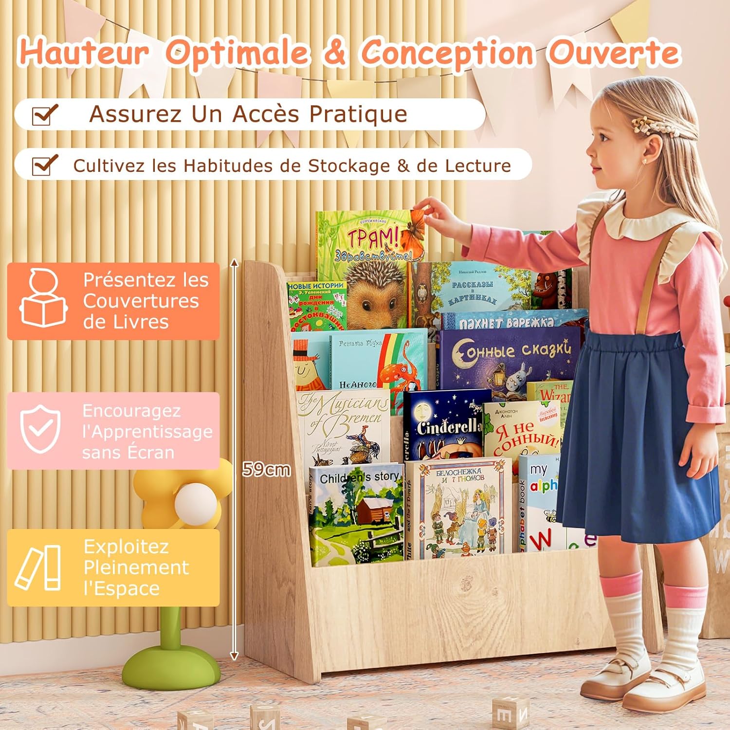 Libreria per Bambini a 4 Ripiani, Scaffale in Legno con Ampio Spazio di Esposizione, Porta Riviste per Camera dei Bambini Sala Giochi e Aula, - 7