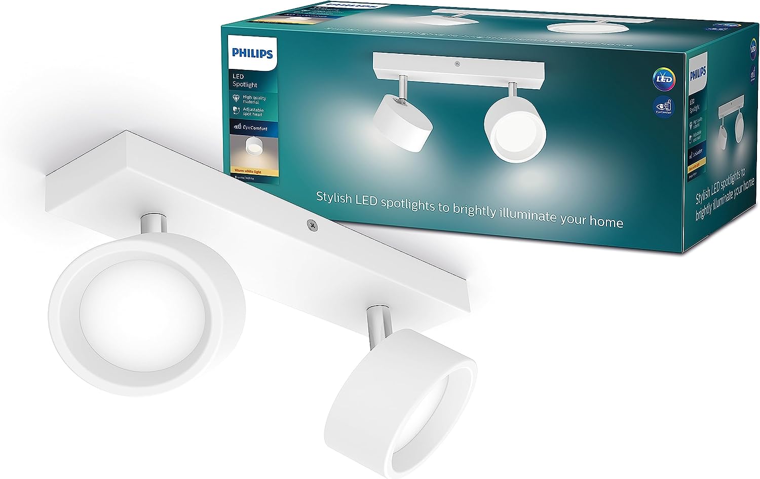 Philips MyLiving Spot LED Blanc Alu, 4W (équiv. 35W), Blanc Chaud 2700K, Intensité Variable, Système Click Fix – Parfait Pour Un Coin Lecture Cosy Ou Une Galerie Lumineuse !