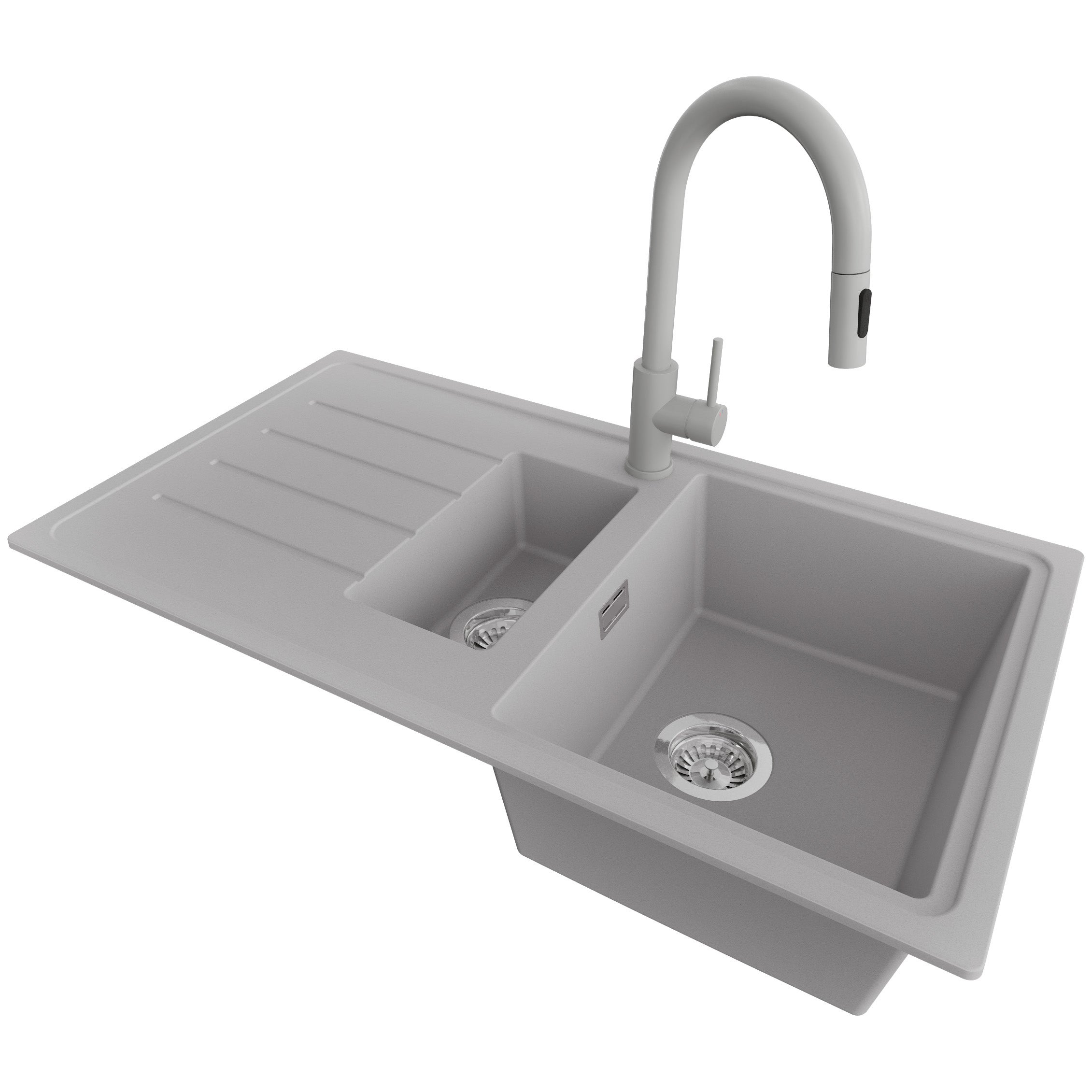 Zlewozmywak Granitowy Szary 90x50cm, Zlew Kuchenny 1,5 Komorowy + Bateria 40x20cm + Syfon, Nablatowy do szafki od 60cm - Kopenhaga Duo PRIMAGRAN