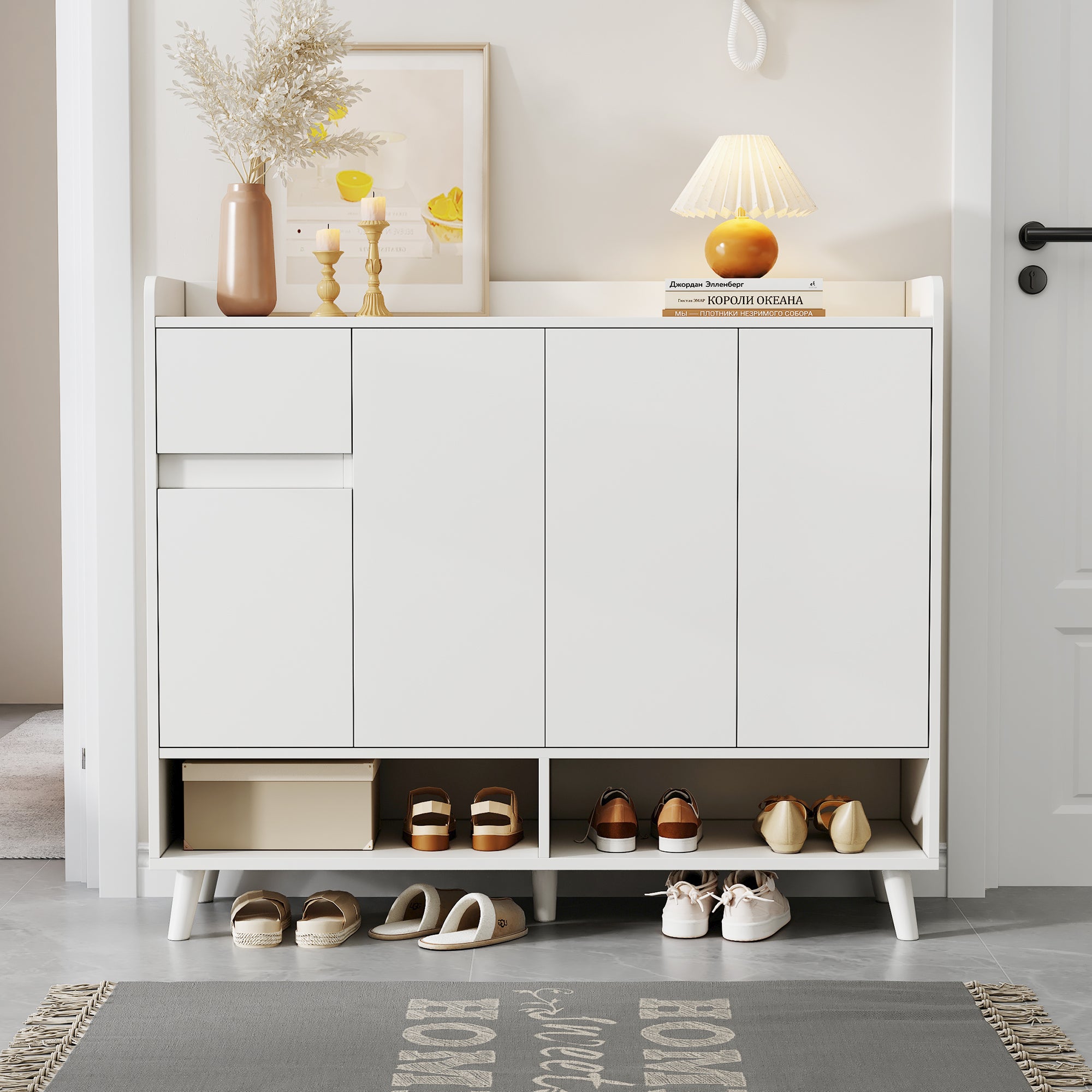 Aparador/cómoda/zapatero moderno con amplio espacio de almacenamiento, 4 puertas y 1 cajón, color blanco, dimensiones: 120 x 99 x 35 cm.