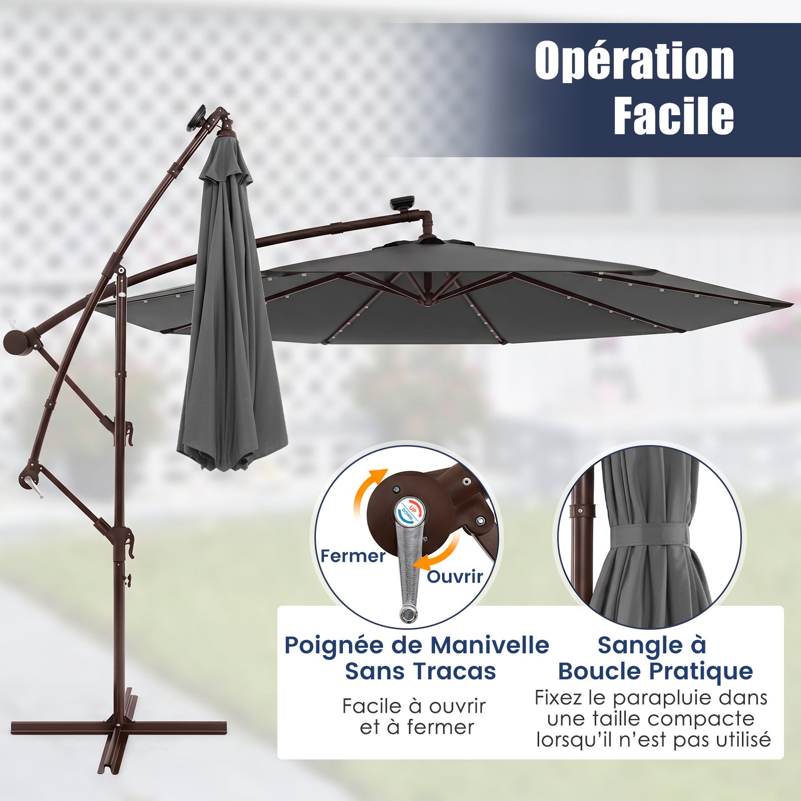Sombrilla voladiza 3M con luz LED, sombrilla de jardín de 8 varillas con base en cruz, sombrilla grande inclinable con manivela para patio y terraza - 7