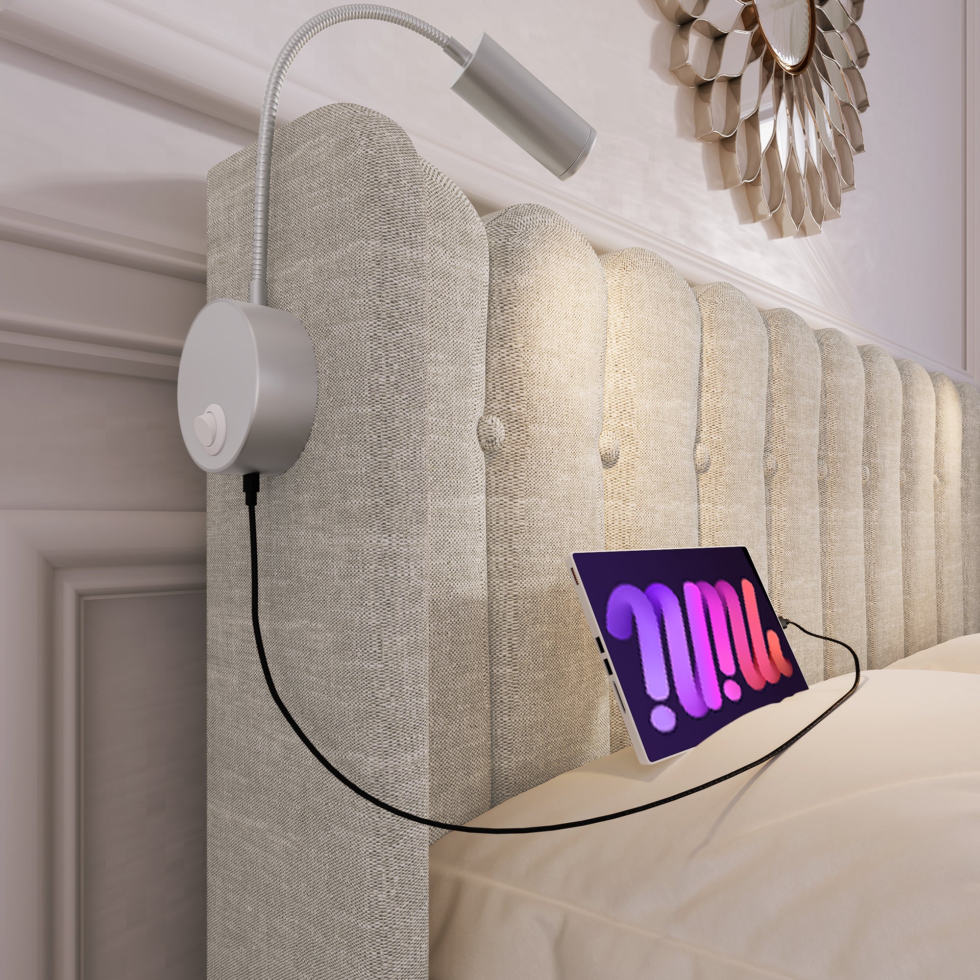 Cama contenedor tapizada con LED y puertos de carga USB - 160x200cm - tela de lino - con somier - Beige - 2