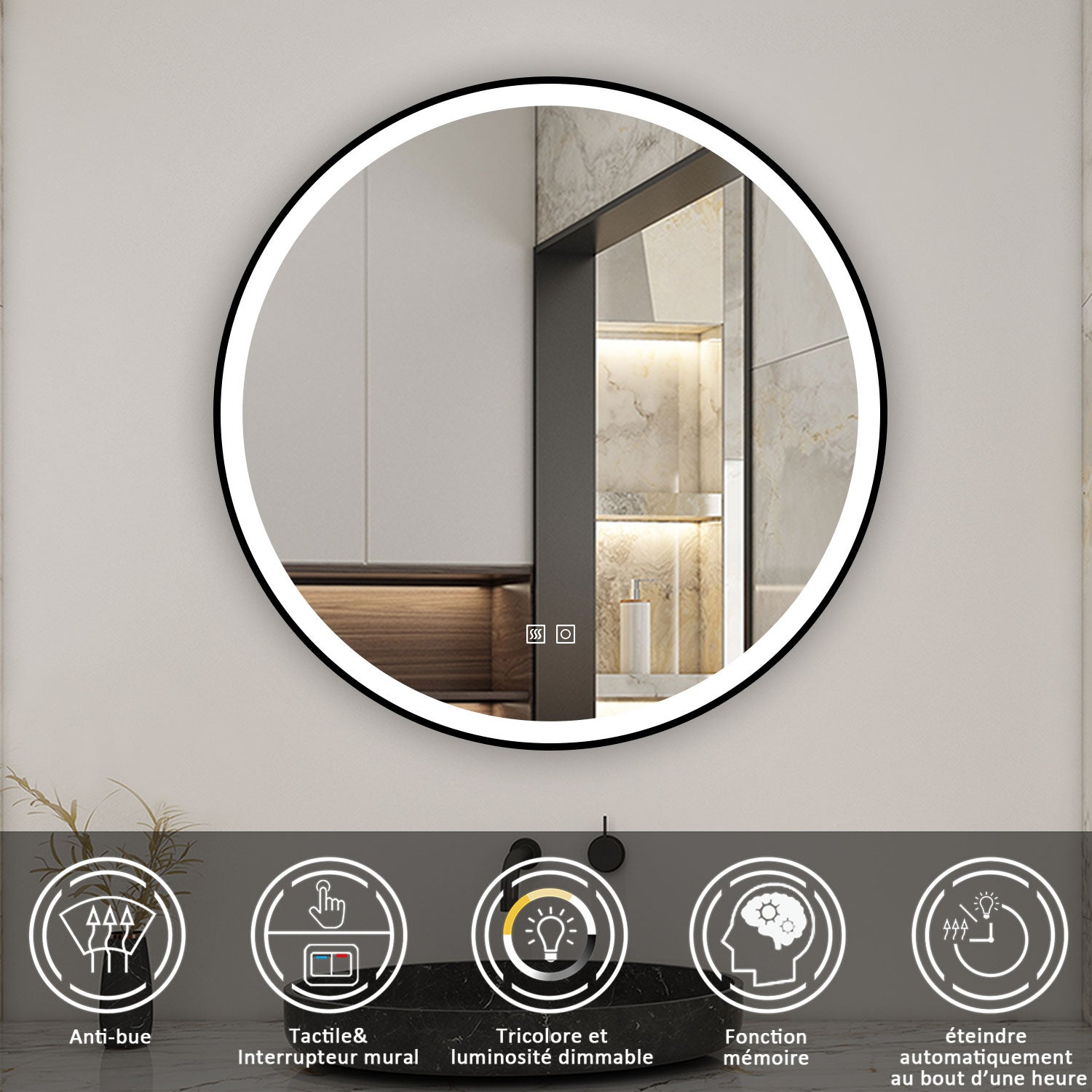 AICA Miroir lumineux 60cm rond, 3 couleurs + anti-buée + dimmable + mémoire, miroir salle de bain - 2