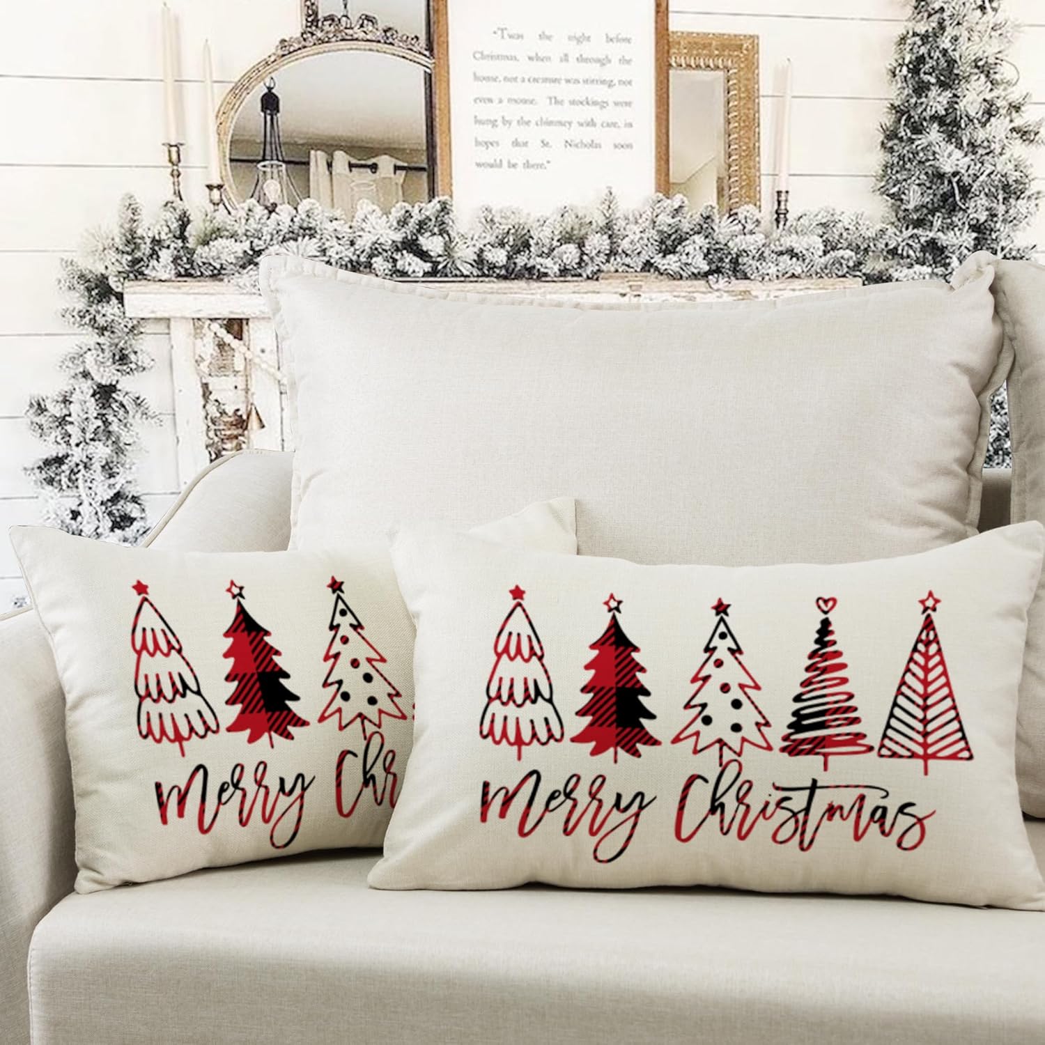Housse de Coussin Noël 30x50 cm, Lot de 2, Motif Père Noël et Wapiti, Coton et Lin, Décoration de Noël - 3