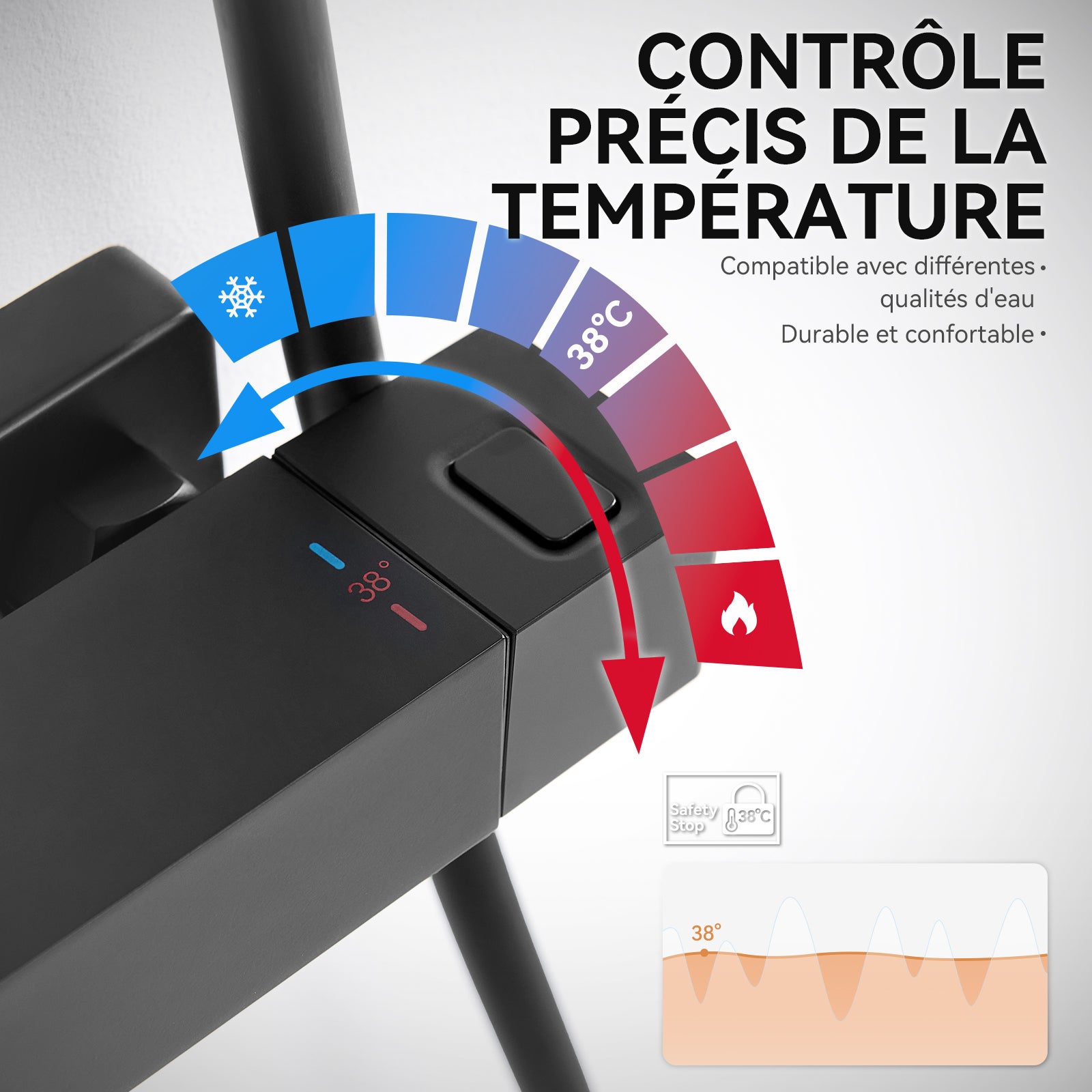 Auralum max Colonne de Douche,Système de douche thermostatique 38°C,avec Douchette à Main avec 3 Jets,30x19CM Pommeau de Douche,Noir - 2
