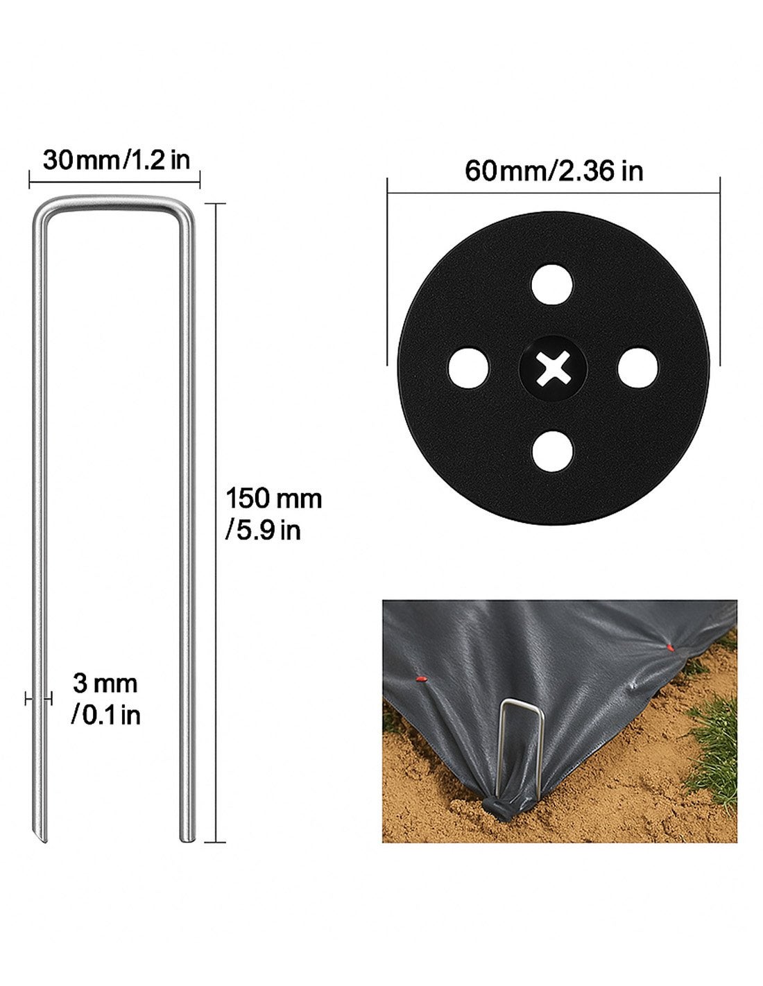 JARDIN202 - Grapas Piquetas de Jardín 150x30mm | Acero Galvanizado Anticorrosión con Arandelas para Malla Antihierba y Césped Artificial | 50 unidade - 8