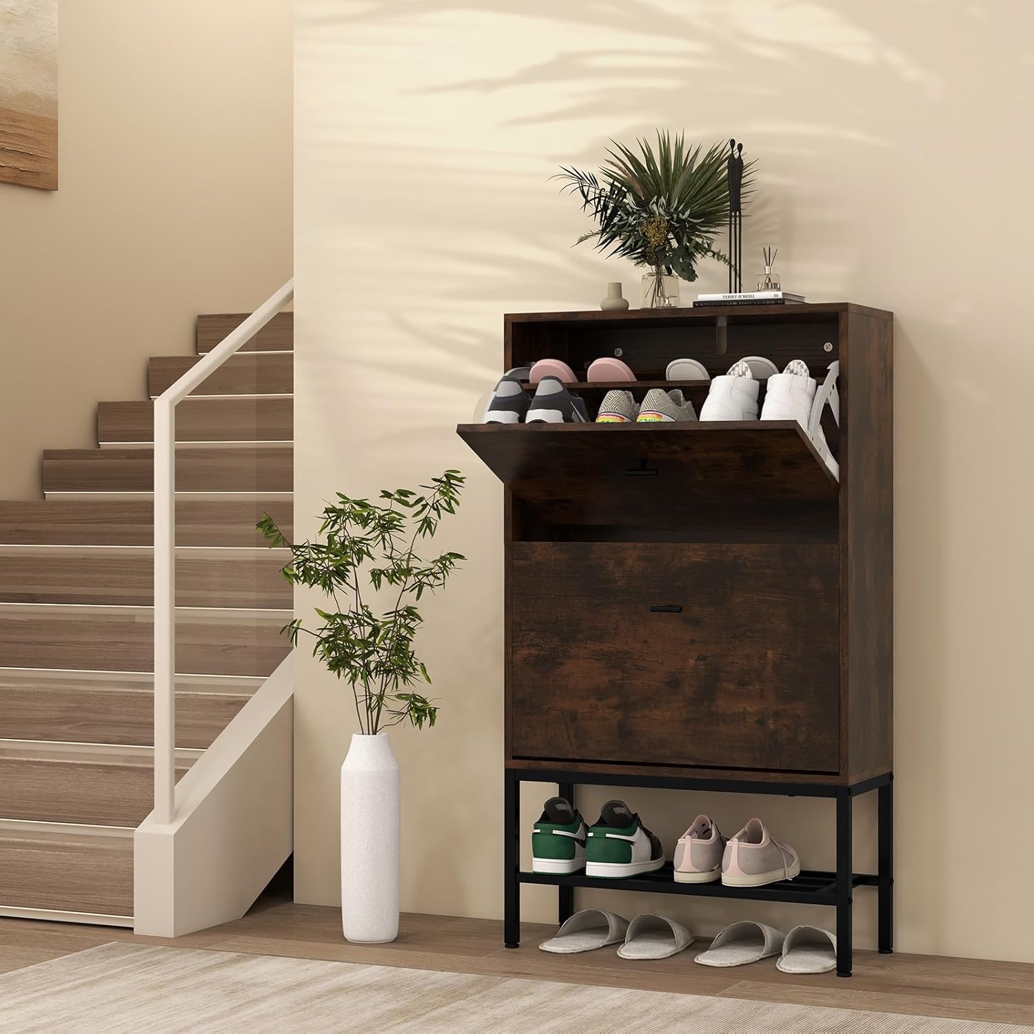 Armadio per Scarpe con 2 Cassetti a Ribalta, Scarpiera Nascosto con Ripiani Regolabili e Rimovibili, Ripiano in Metallo e Dispositivo Antiriba - 8