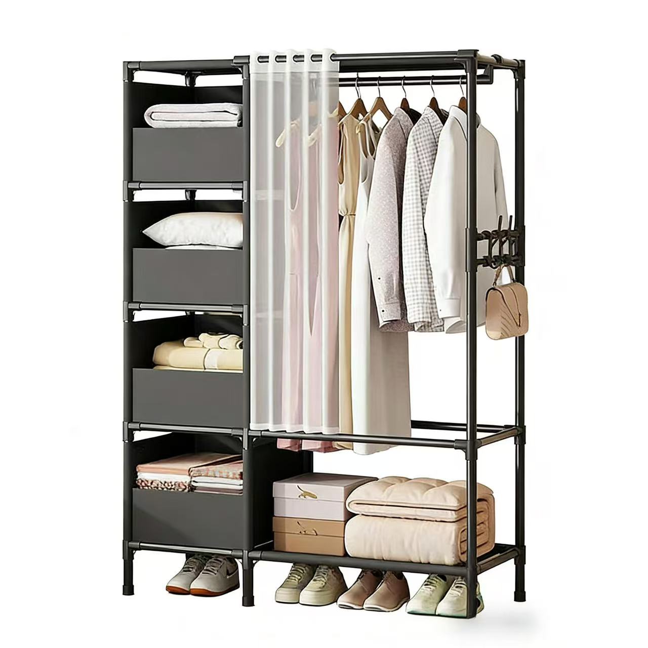 Qwinern  Armario Con Cortina Antipolvo, Perchero Independiente, Estantes De Almacenaje Con Ganchos Y Baldas, Apto Para Vestidores Y Dormitorios. Clara , Leroy Merlin