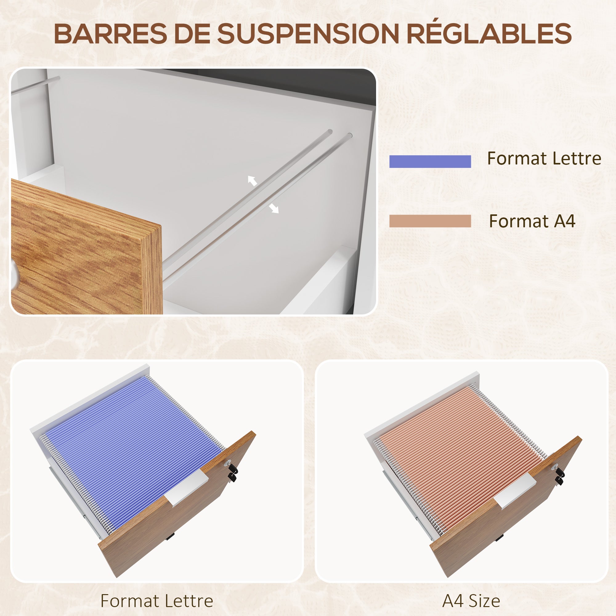 Caisson de bureau, meuble de rangement 2 tiroirs 2 barres pour dossier suspendu, verrouillable avec 2 clés 42x40x60 cm - 6