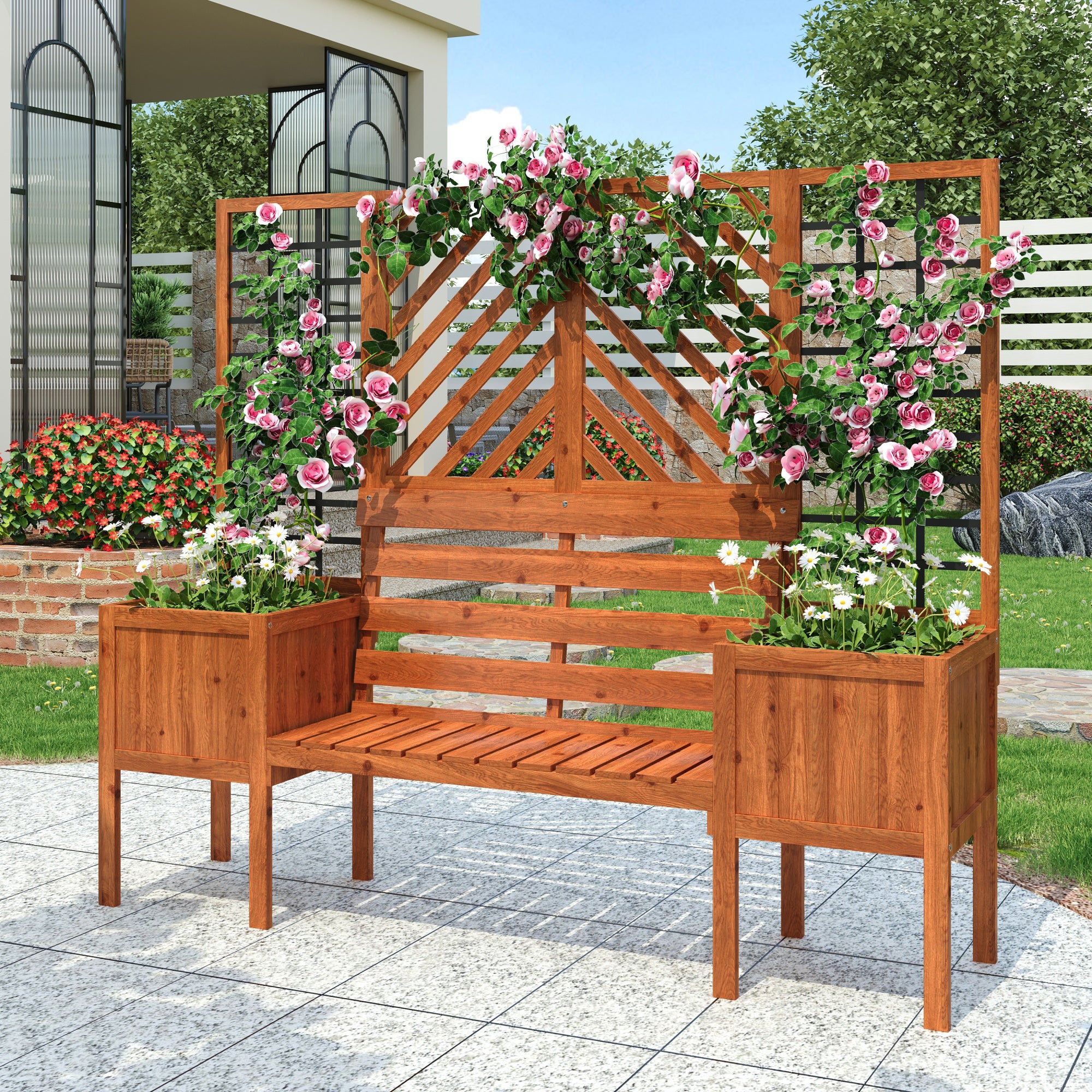 Lot de 2 Jardinière sur pièds avec Treillis en bois massif + 1 banc 2 places - 170 x 42 x 145 cm - Marron - 3