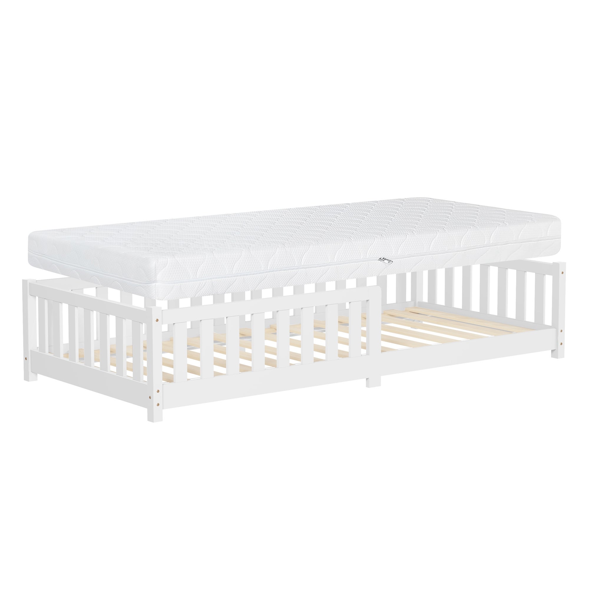 ML-Design łóżko dziecięce montessori 90x200 cm biały H:16 cm podlogowe z materacem solidnym stelazem i zabezpieczeniem lite drewno sosnowe
