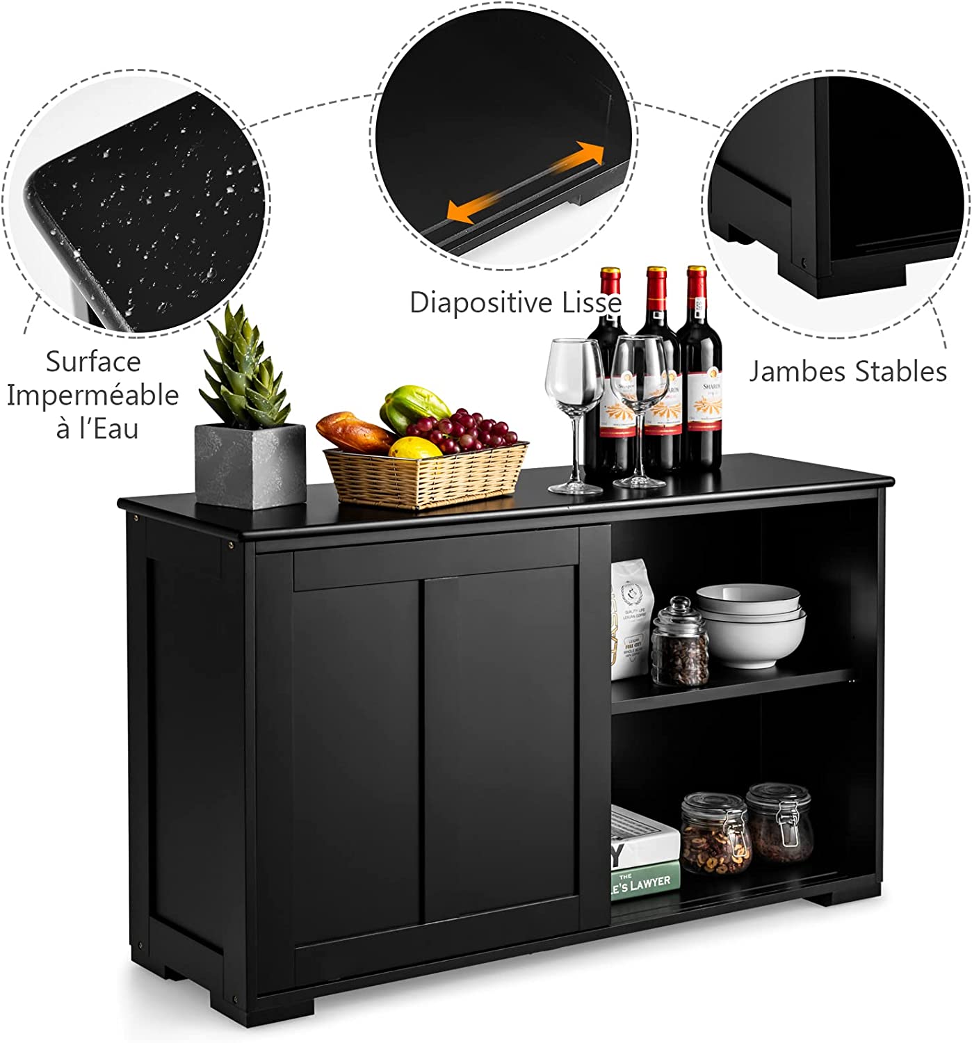 Buffet de cuisine avec porte coulissante, 107 x 33 x 60 cm, buffet bas avec étagère réglable - 2