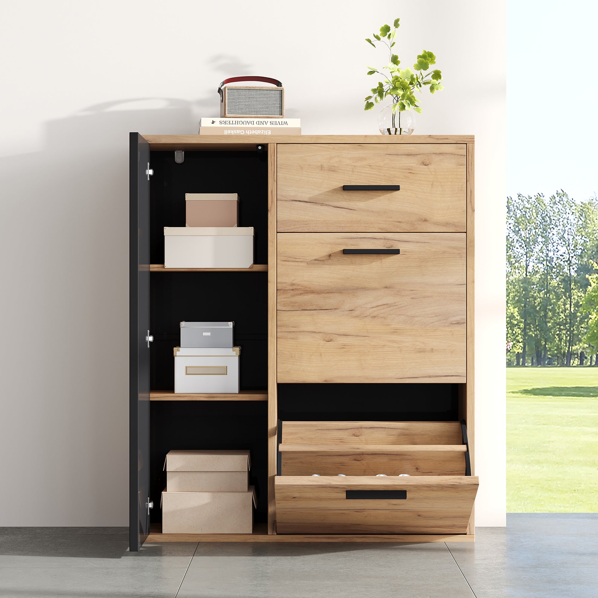 Scarpiera con 3 ante e 1 cassetto - 80 x 24 x 95,5 cm - Truciolato - Naturale + nero - 5