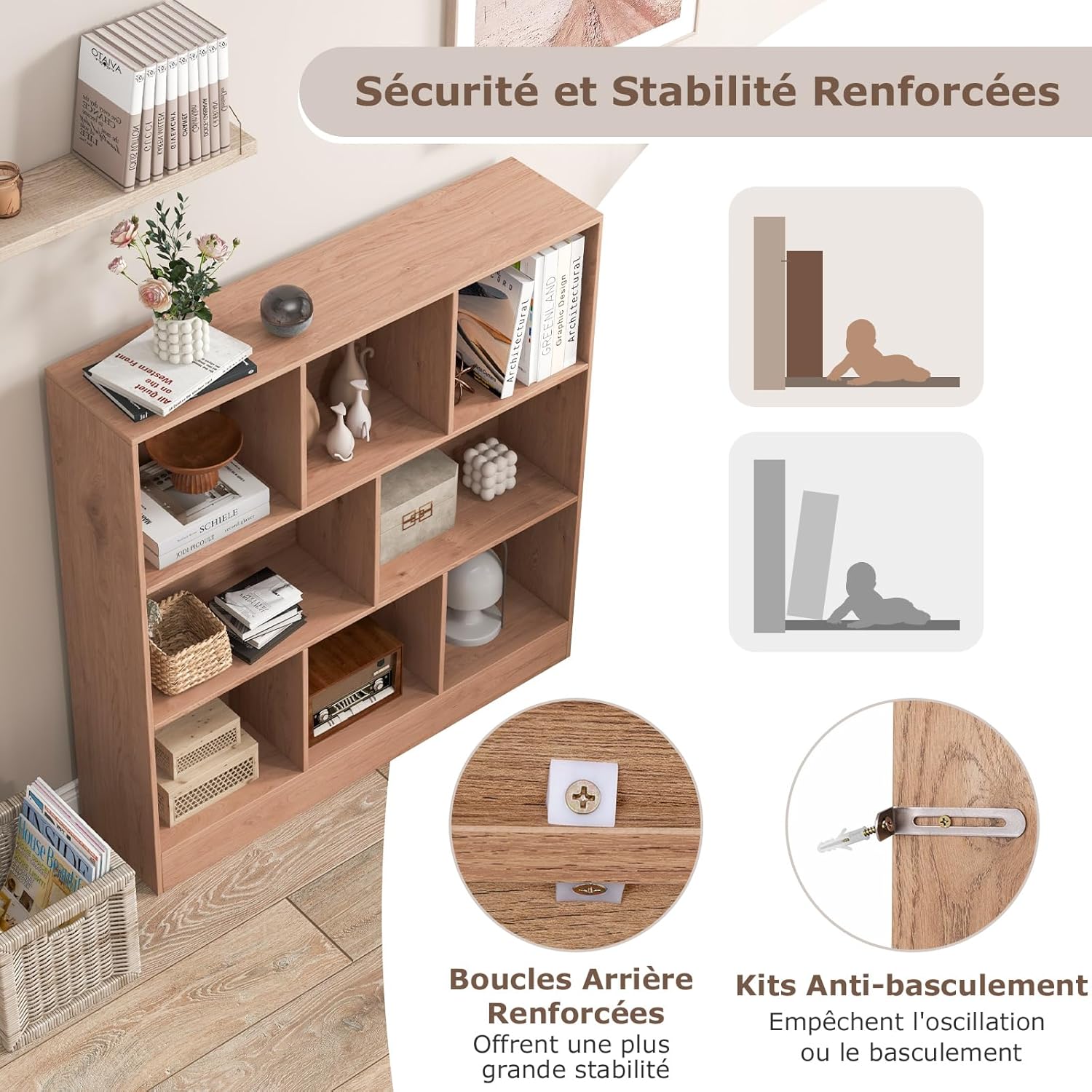 Libreria a 8 Cubi, Organizzatore di Stoccaggio a 3 Ripiani con 2 Kit Anti-Ribaltamento, Scaffale Multiuso in Legno per Soggiorno, Ufficio Stan - 7