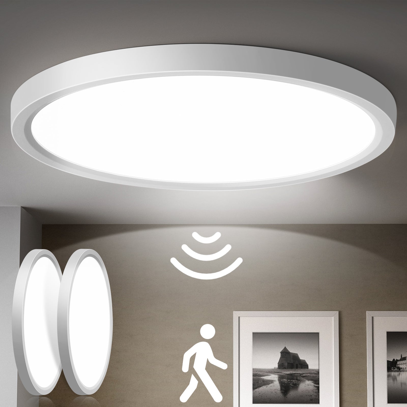 LOVHAUS Zestaw 2 Okrągłych Plafonów LED z Czujnikiem Ruchu, 24W 2400LM, Ø30 cm, 4000K, Biały, do Hotelu, Restauracji i Sypialni