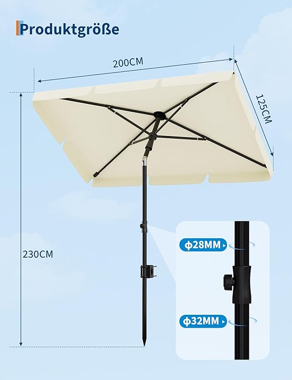 Parasol de Balcon Rectangulaire 200x125 cm, Anti-UV 50+, Inclinable et Réglable, avec Support Balustrade et Housse - 2