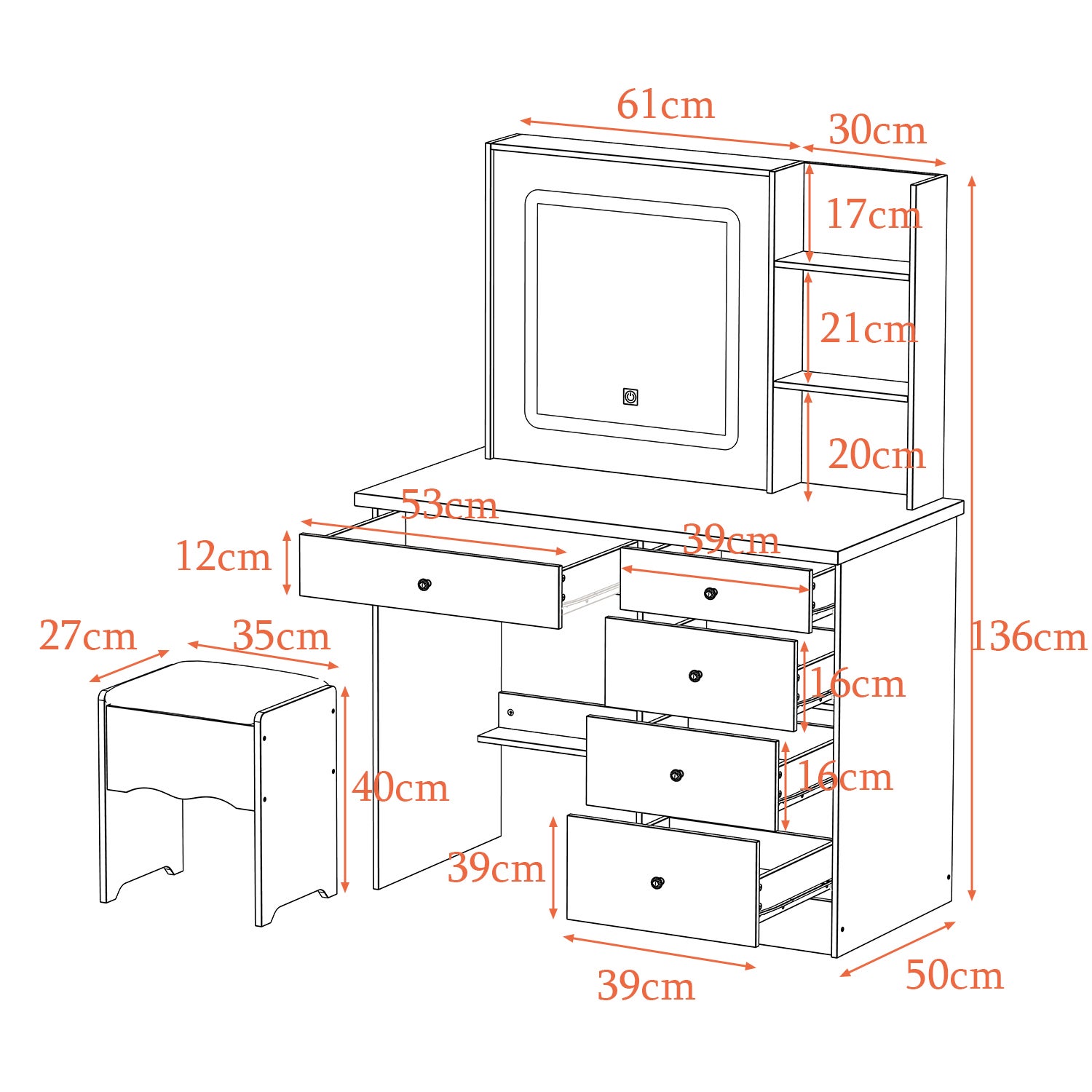 Coiffeuse Avec Miroir LED Et 5 Tiroirs - Table De Maquillage Blanc, Prise USB, 40x80x135 Cm - 2