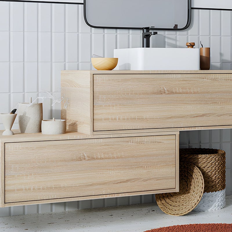 Szafka łazienkowa wisząca w jasnym naturalnym kolorze z pojedynczą umywalką i dwoma szufladami - TEANA