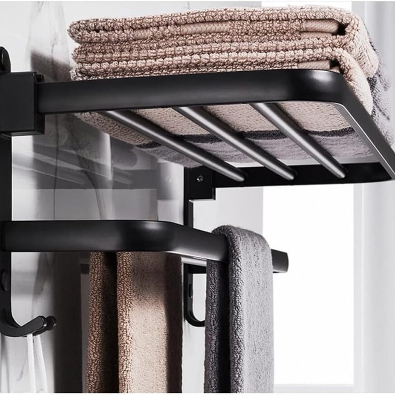 Wieszak na ręczniki łazienkowe, składana półka do przechowywania, aluminiowy, ścienny uchwyt na ręczniki łazienkowe (40 cm, czarny)
