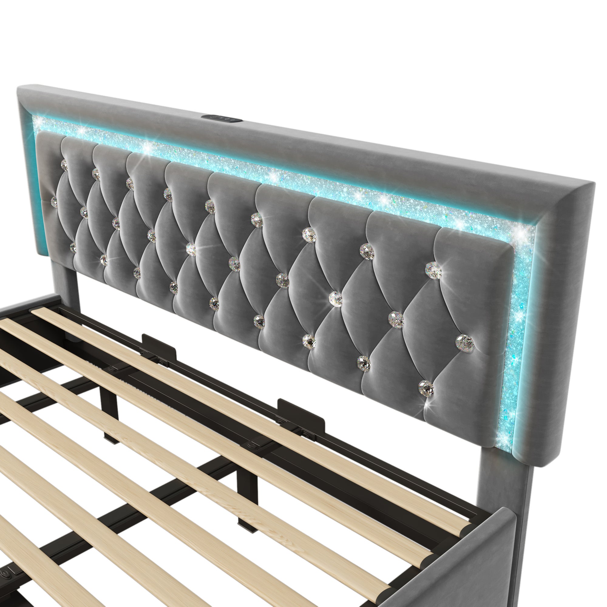Łóżko tapicerowane z pojemnikiem 180x200 cm z aksamitu - z oświetleniem LED - z portami USB i typu C - z podstawą z listew - szare - 9