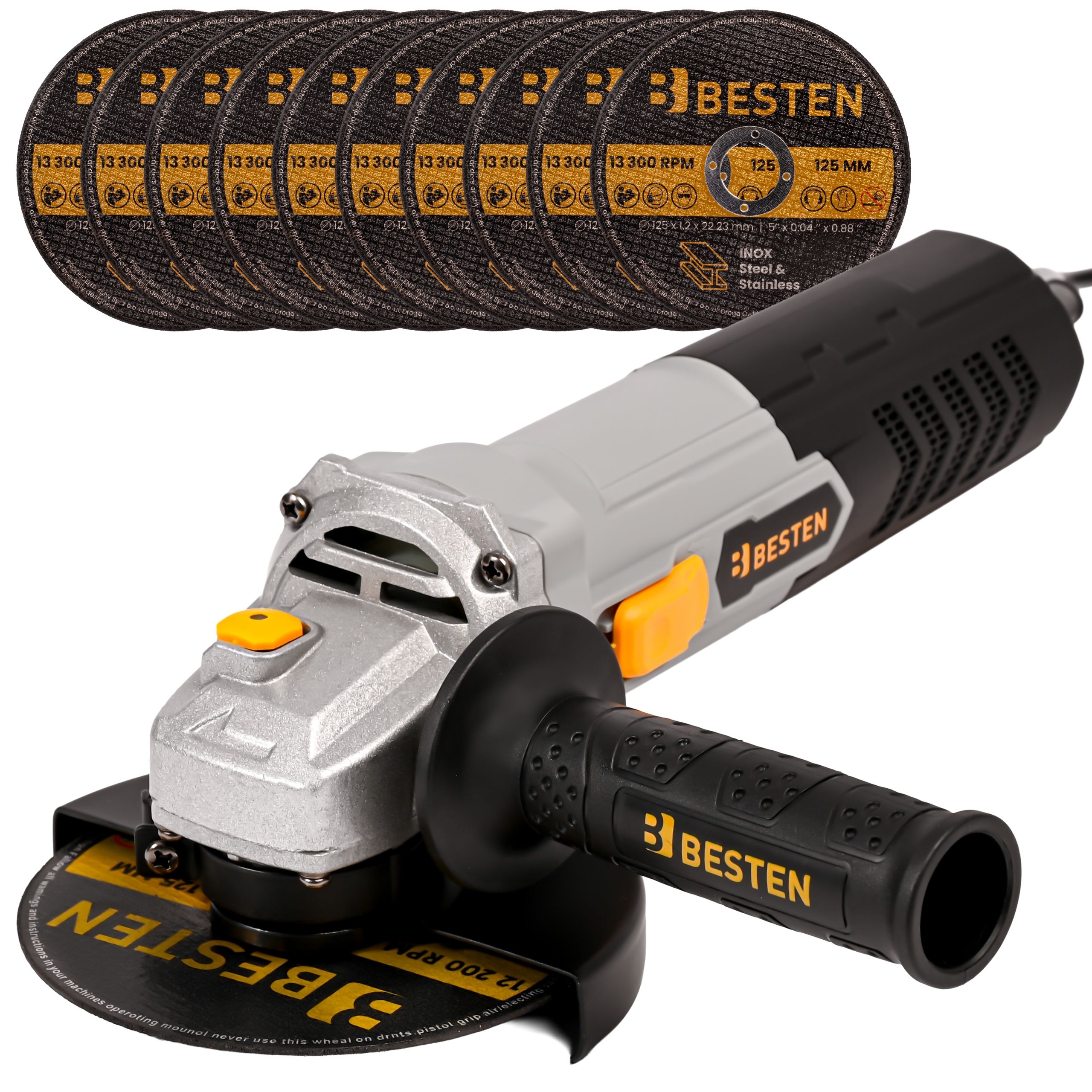 Szlifierka kątowa sieciowa 125 mm 850W BESTEN BE0002903 + 10 tarcz - M14, 11 000 obr./min