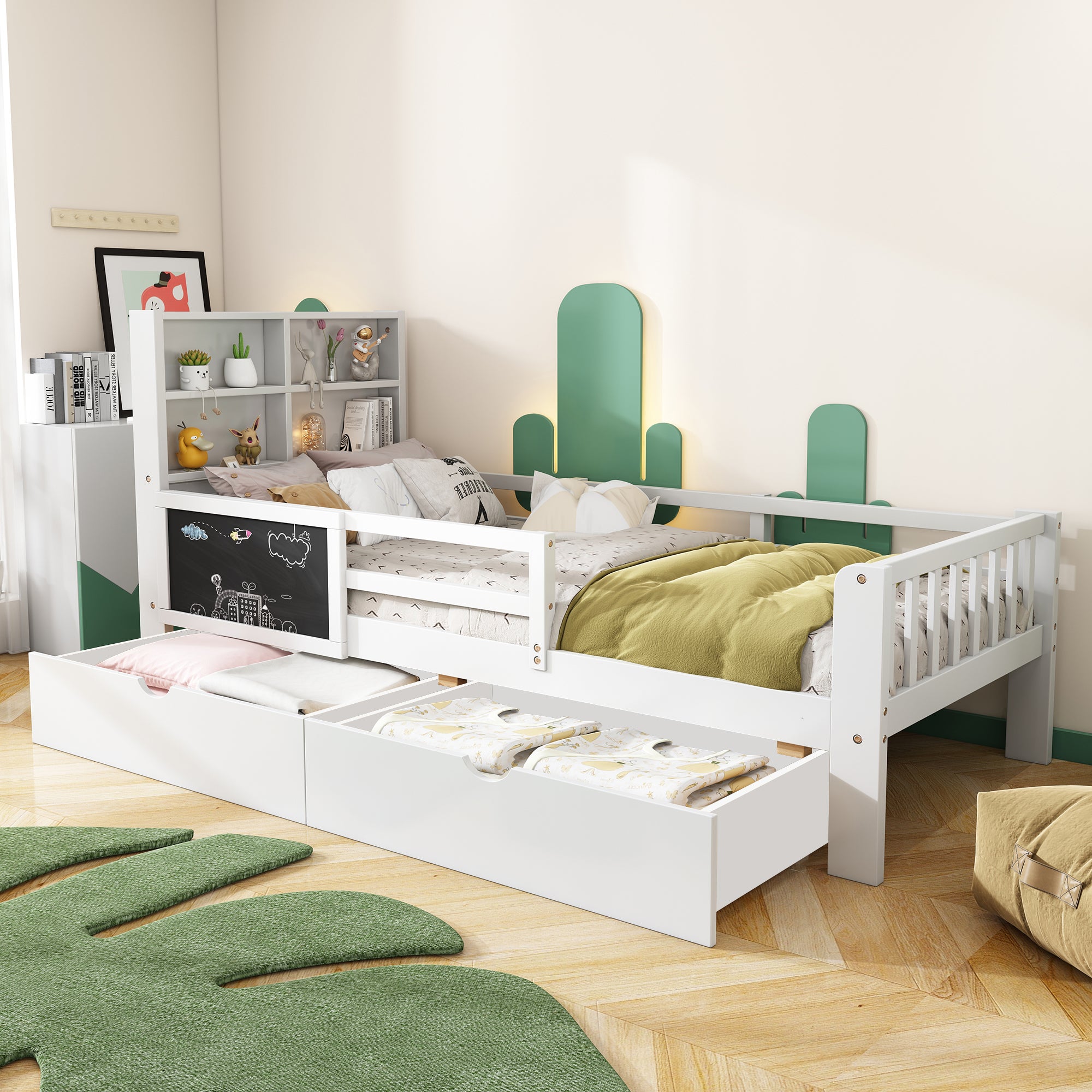 Łóżko dziecięce 90 x 200 cm z zagłówkiem i barierkami - 2 szuflady i półki - Drewno lite + MDF - Kolor biały (materac nie jest wliczony w cenę)