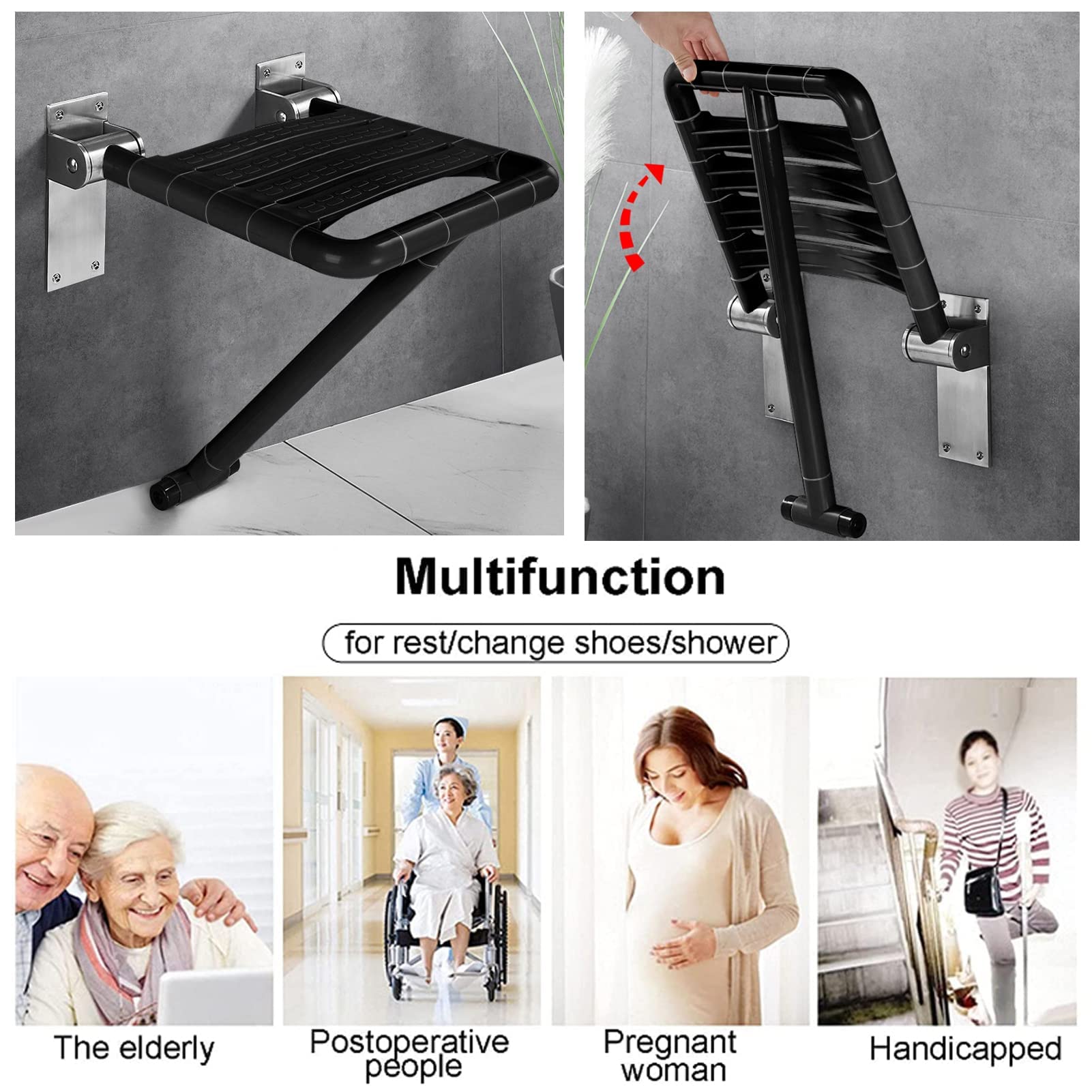 Chaises de Toilette Siège Pliant Siège de Douche Rabattable Mural avec Surface antidérapante et Tabouret - pour Salles de Bains, Couloirs, Balcons - 2