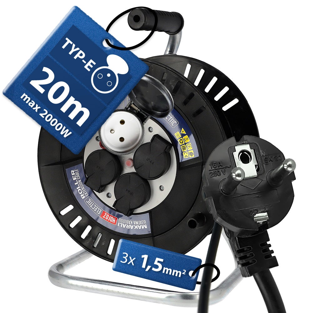 Przedłużacz bębnowy 20 m 4-gniazdowy, typ E, 3x1,5 mm², IP44, HOROZ ELECTRIC
