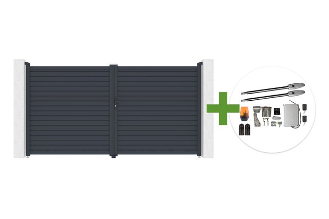 Portail battant 3,5m CALANCIA H.180cm lames persiennes aluminium gris + moteur TANKER B250