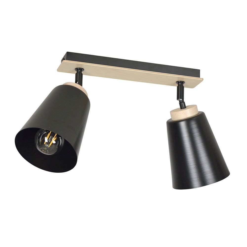Lampa sufitowa Tasla z 2 regulowanymi czarno-drewnianymi kloszami Nordic 2 x E27