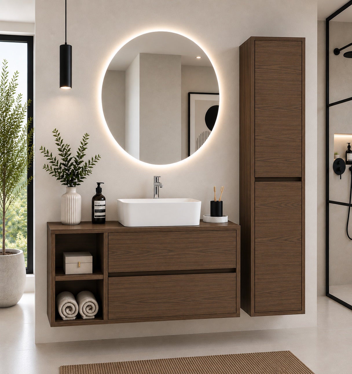 Mobilier de baie con encimera de madera y lavabo sobreencimera ORIGENBATH ZEUS fără oglindă 100x45 cm Stânga Fresno tea cu coloană