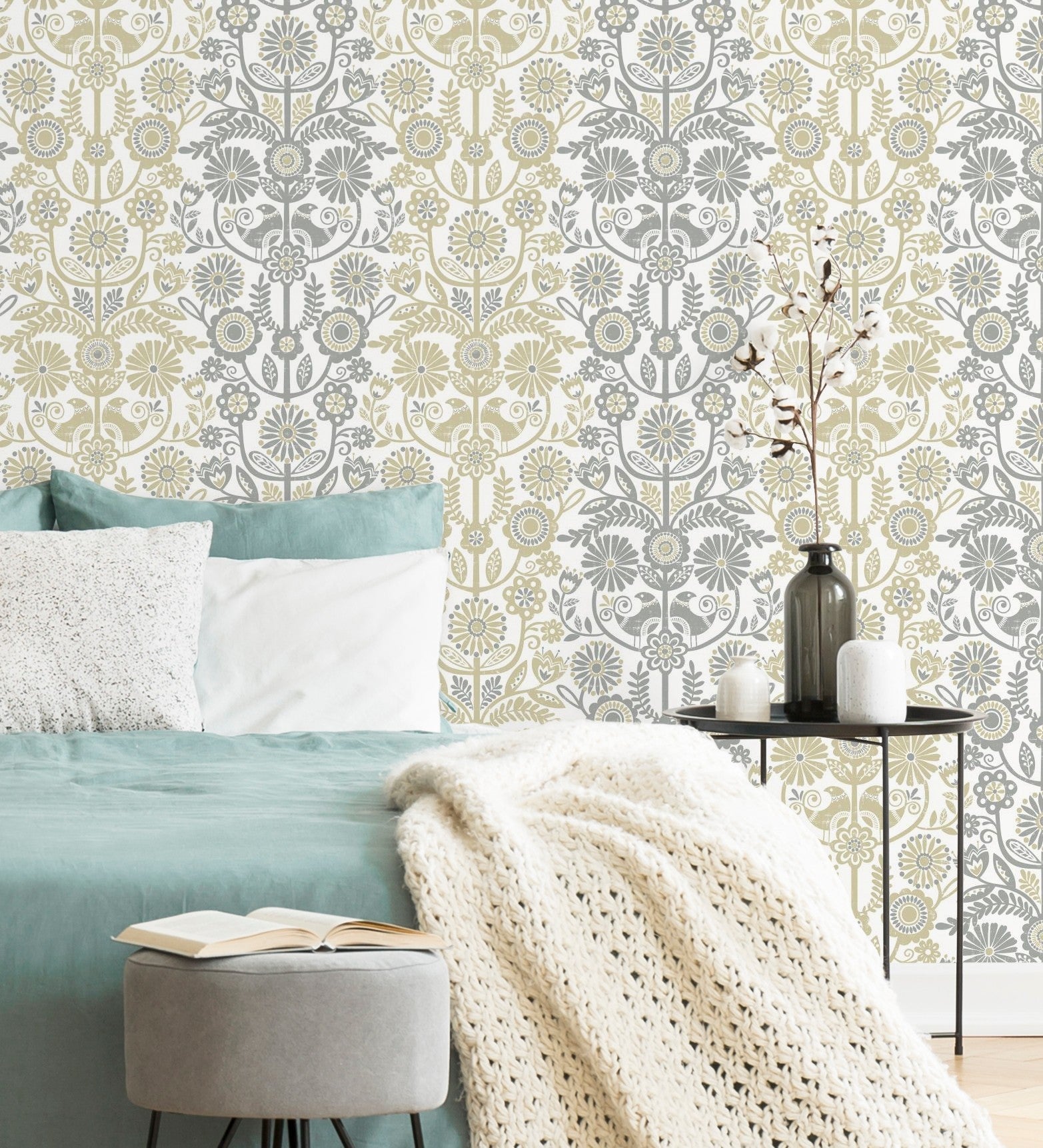 Papel pintado vinílico ecológico nórdico de flores rayas ocres y grises - canterbury 679396 de gaulan - rollo de 10 m x 0,53 m