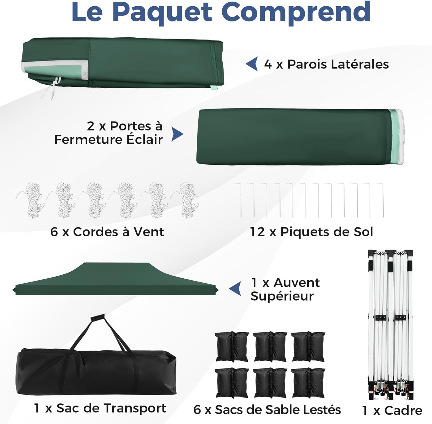 Tonnelle Pliable 3x6M avec 6 Parois Latérales, Barnum Tente de Réception Pliante Anti-UV 50+, Imperméable, 6 Sacs de Sable,Sac de Transport, Vert - 5