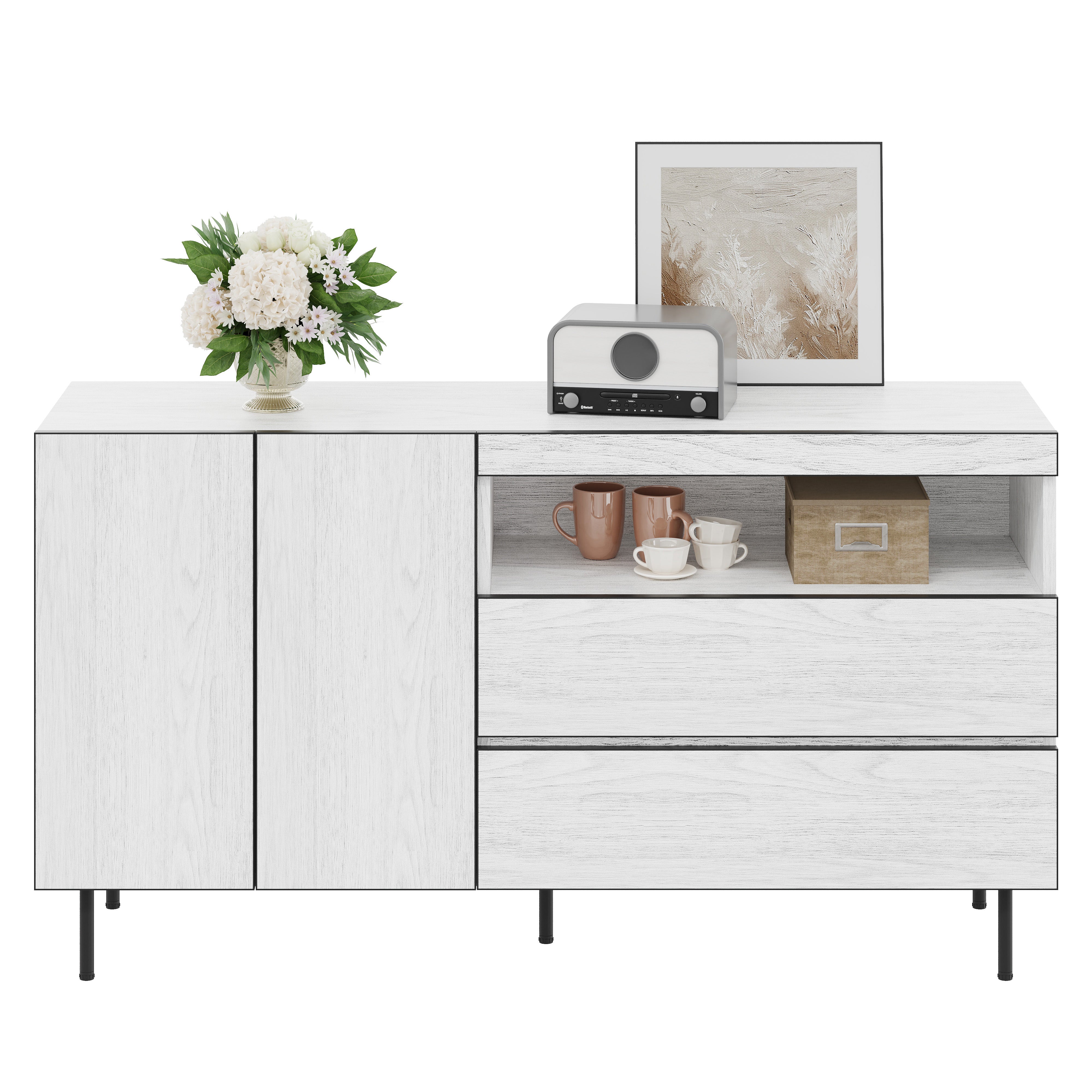 Aparador moderno y minimalista con puertas dobles, cajones dobles y estantes abiertos. multifuncional para salón y comedor.