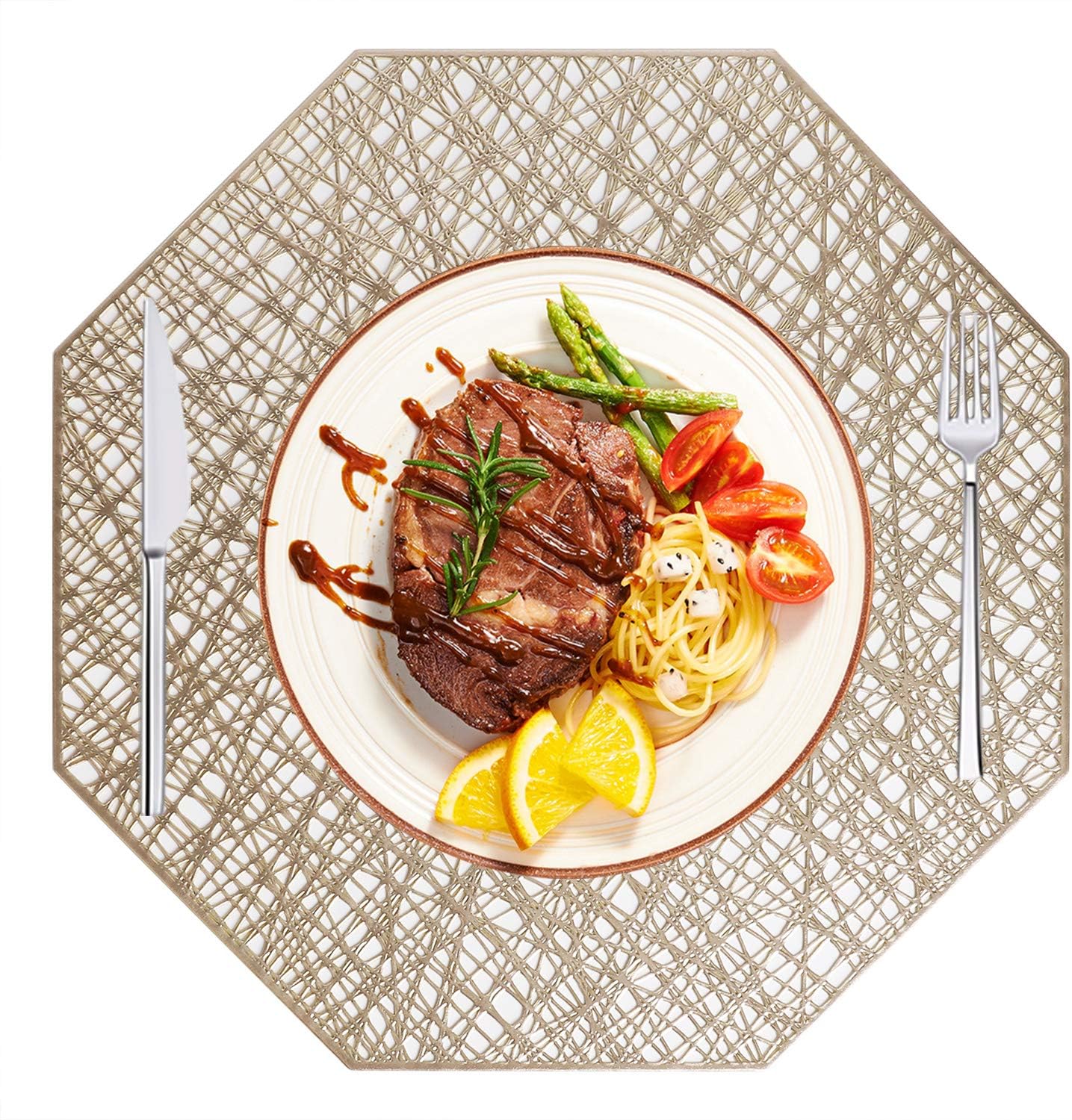 Podkładki, zestaw 6 szt., zmywalne, z PVC, antypoślizgowe, odporne na ciepło, do restauracji, jadalni, kuchni (złote)