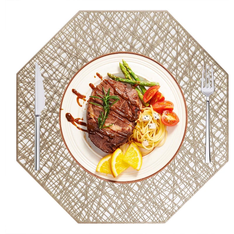 Podkładki, zestaw 6 szt., zmywalne, z PVC, antypoślizgowe, odporne na ciepło, do restauracji, jadalni, kuchni (złote)