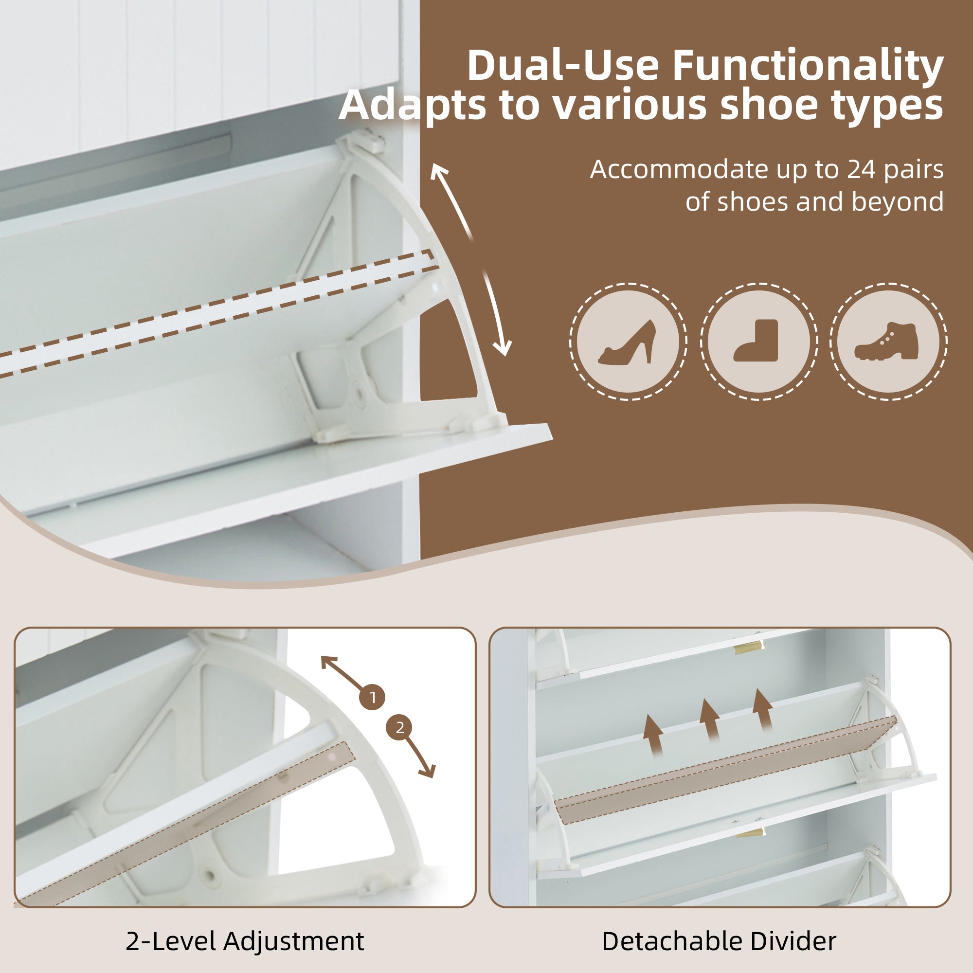 Meuble à chaussures 80x23,5x123,5 cm - avec 3 abattants - avec 6 compartiments réglables - blanc - 5