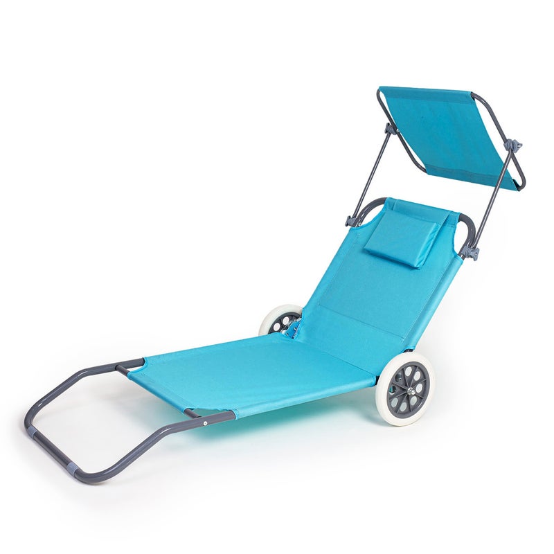 Składany leżak turystyczny plażowy, ogrodowy z daszkiem i kółkami, regulowane oparcie, niebieski Be-active.pl