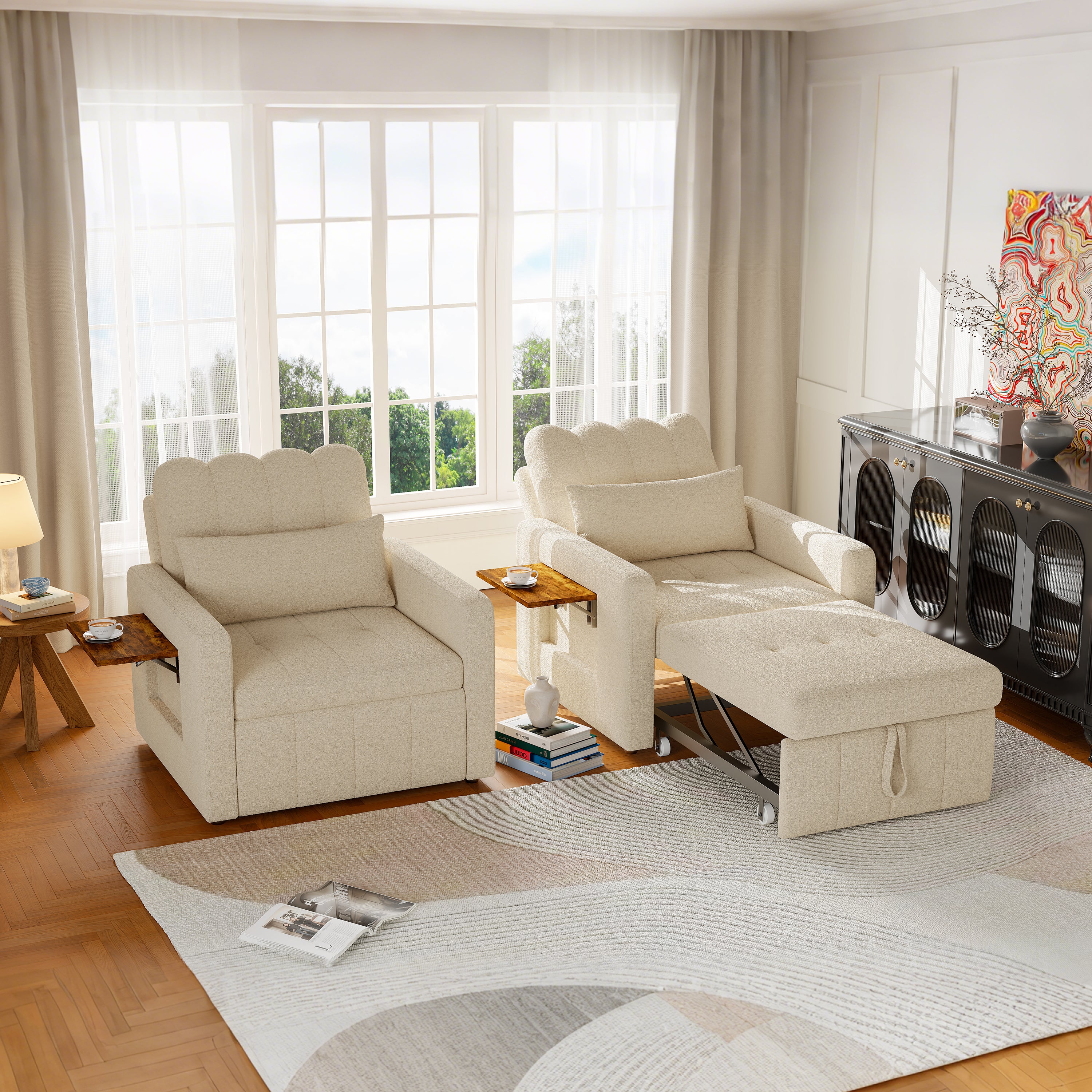 Canapé Lit Convertible 1 Place,3 en 1 Fauteuil Convertible Lit avec Table et Poches,Fauteuil Lit avec Dossier Réglable à 5 Positions,Beige(Chenille) - 3